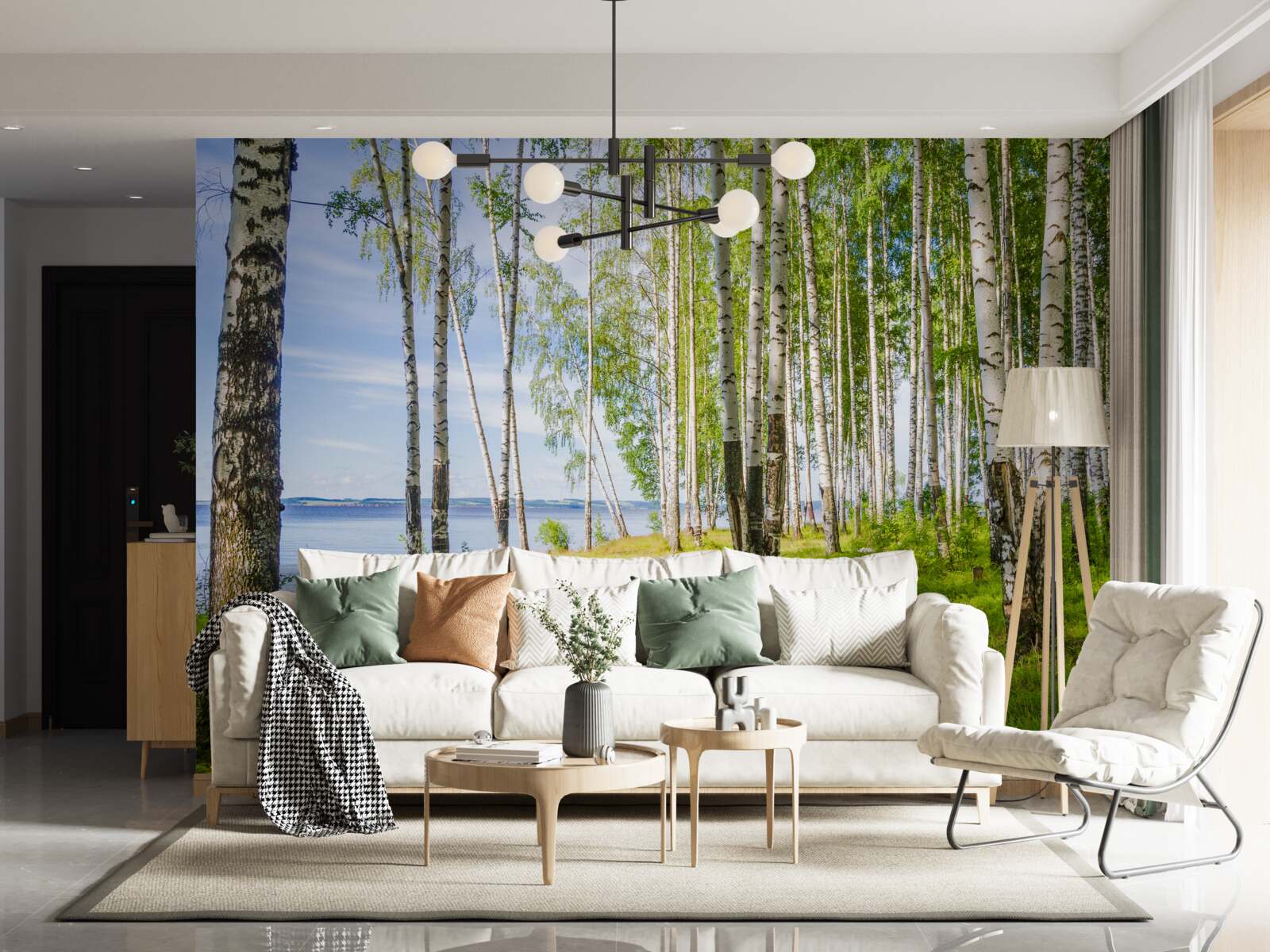 Fototapeta čistinka s brezami pri jazere, obklopená zeleňou