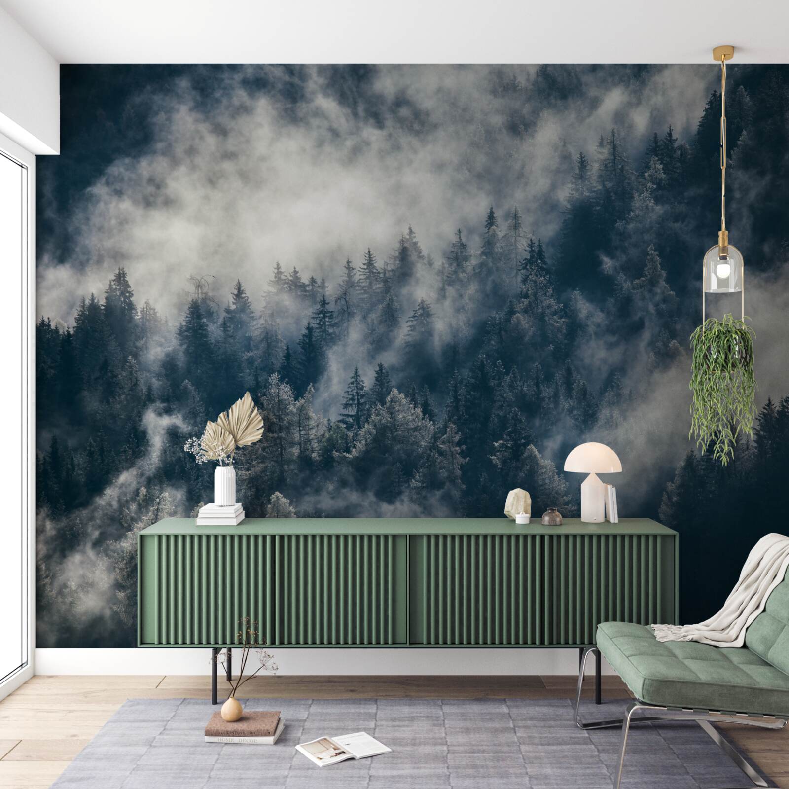 Fototapeta les v noci pokrýva hustá hmla