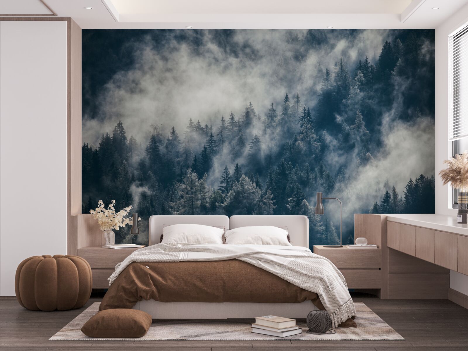 Fototapeta les v noci pokrýva hustá hmla