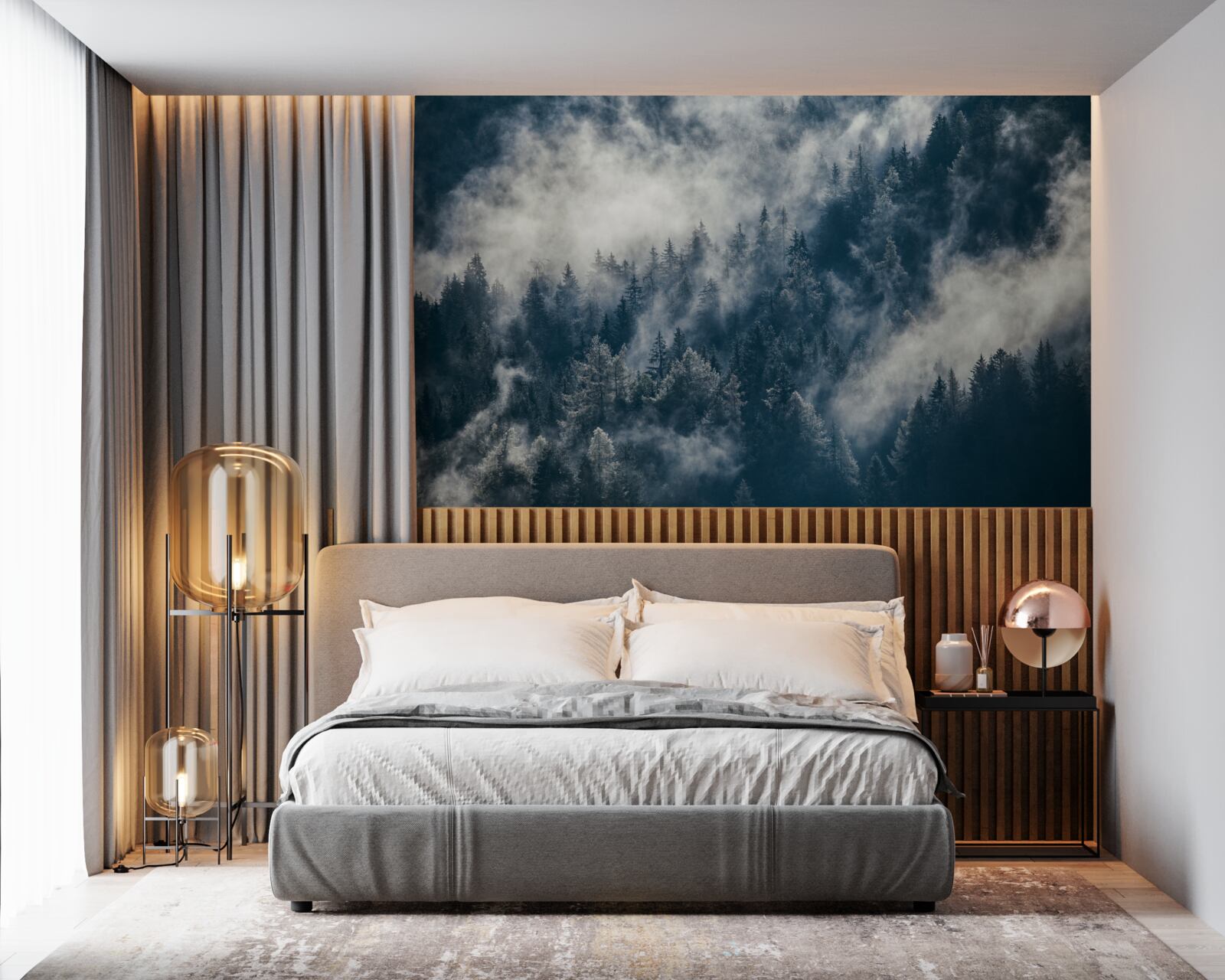 Fototapeta les v noci pokrýva hustá hmla