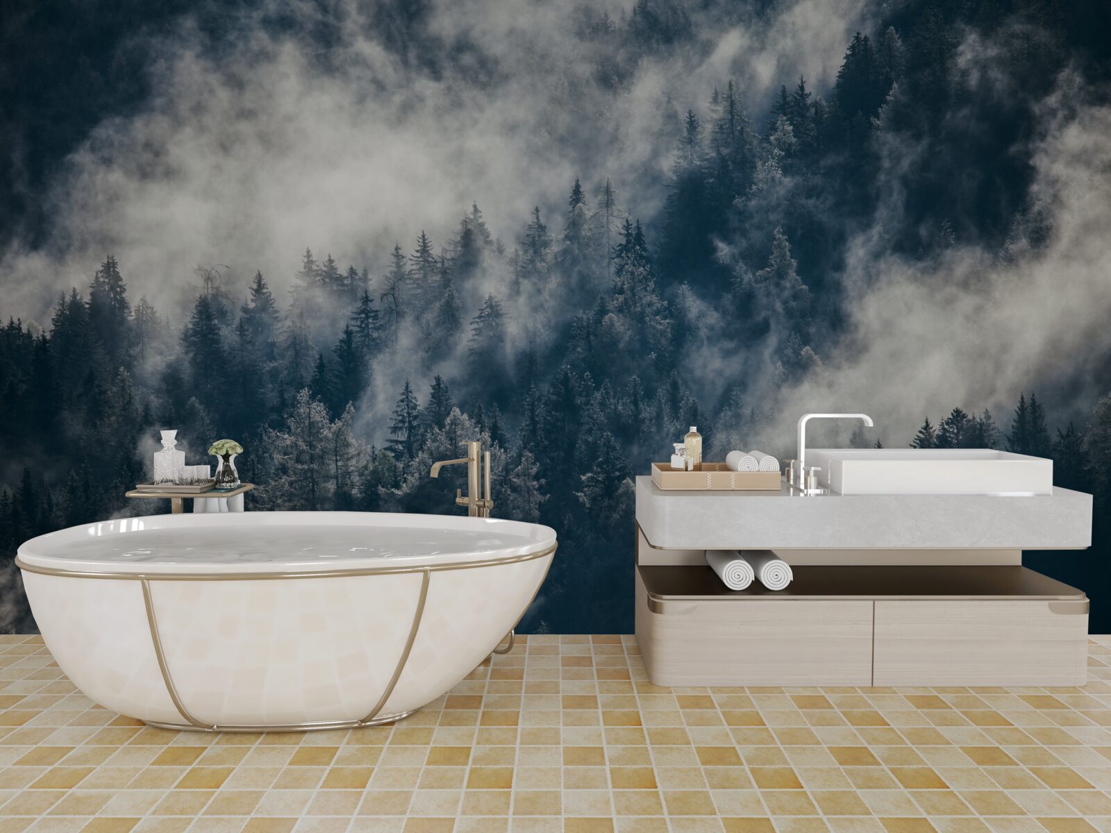 Fototapeta les v noci pokrýva hustá hmla