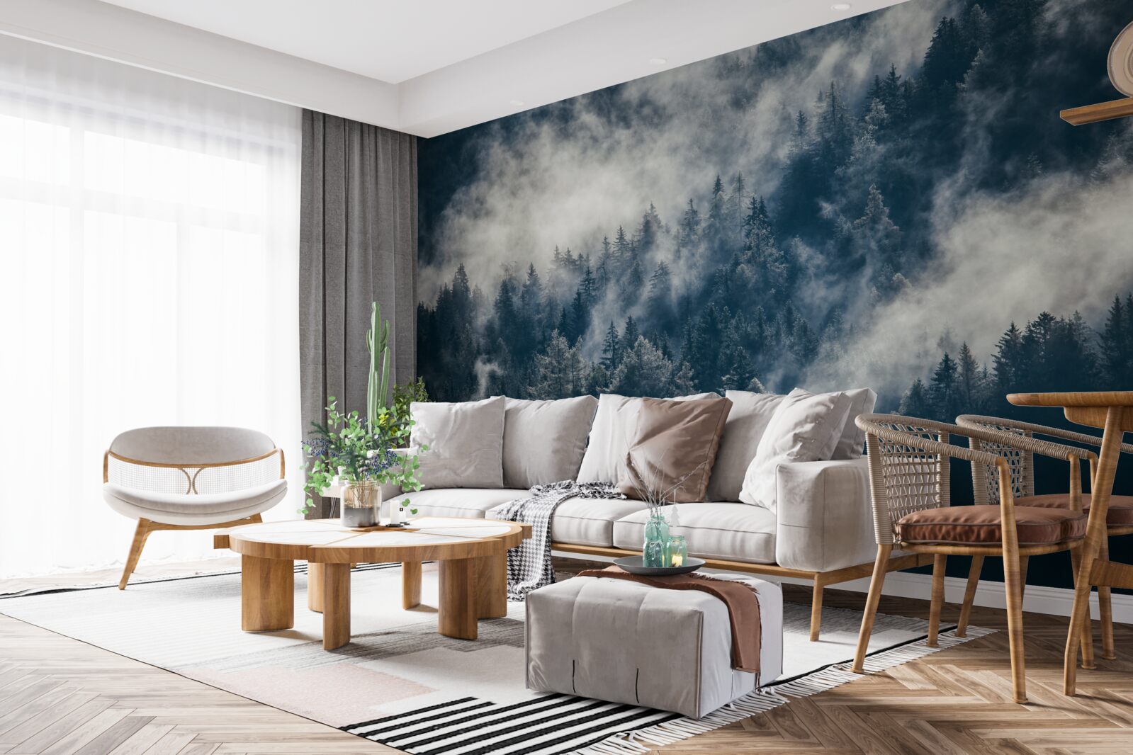 Fototapeta les v noci pokrýva hustá hmla