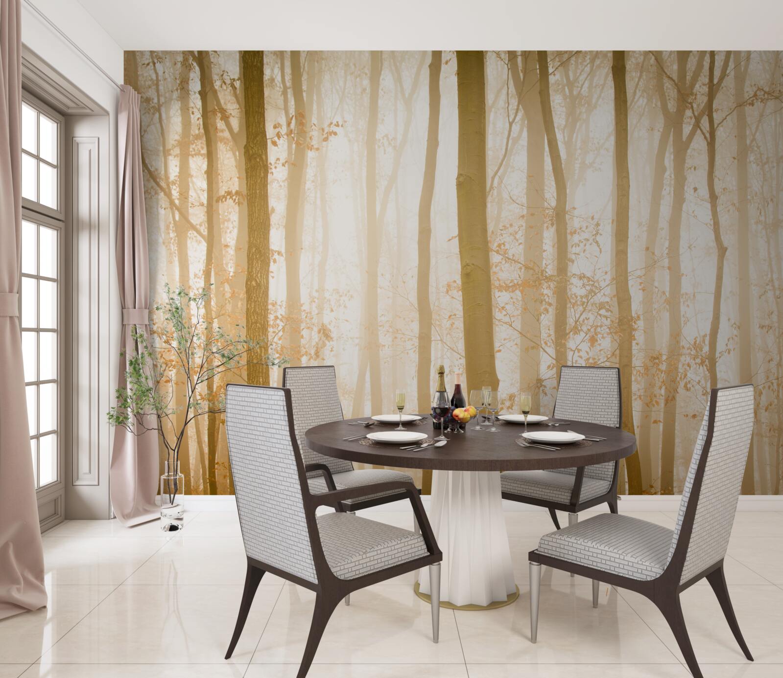 Fototapeta slnečné lúče prenikajú cez hmlu v hustom lese