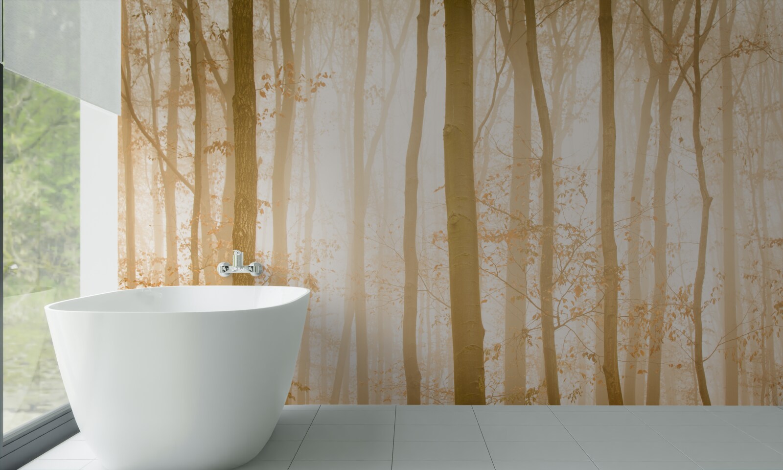 Fototapeta slnečné lúče prenikajú cez hmlu v hustom lese