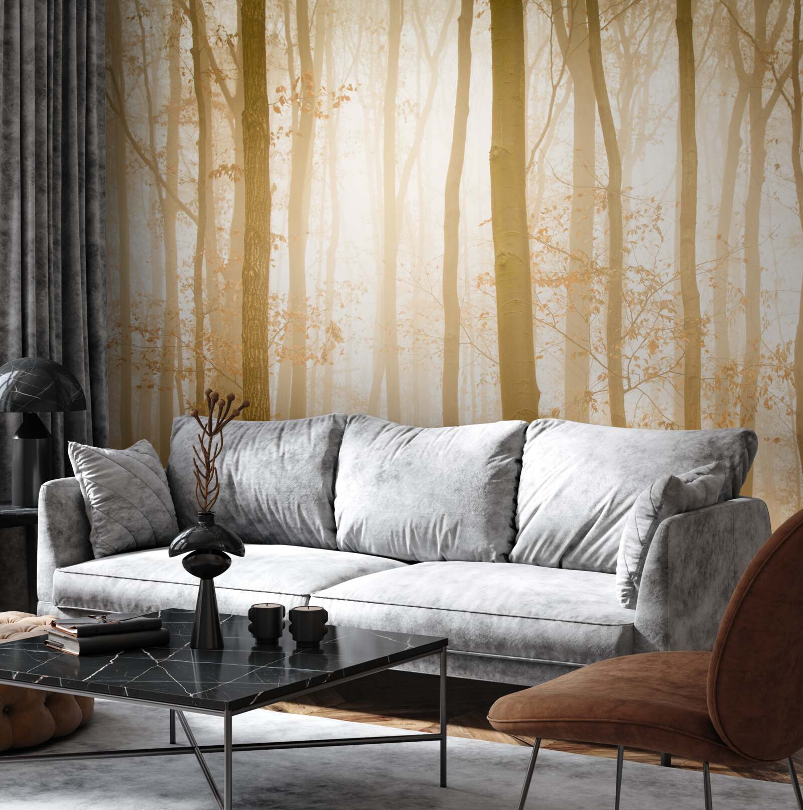 Fototapeta slnečné lúče prenikajú cez hmlu v hustom lese