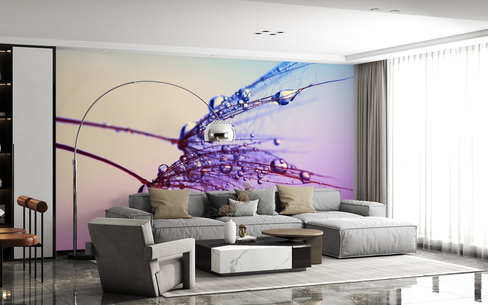 Fototapeta pri západe slnka kvapky rosy zdobia púpavu