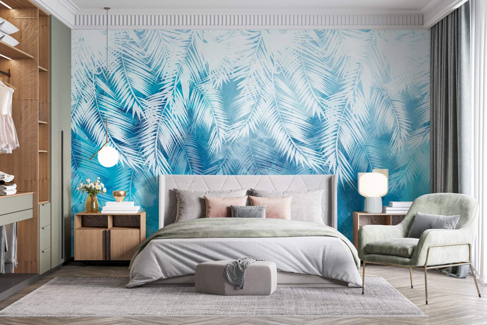 Fototapeta listy bielej paprade na zimnom pozadí