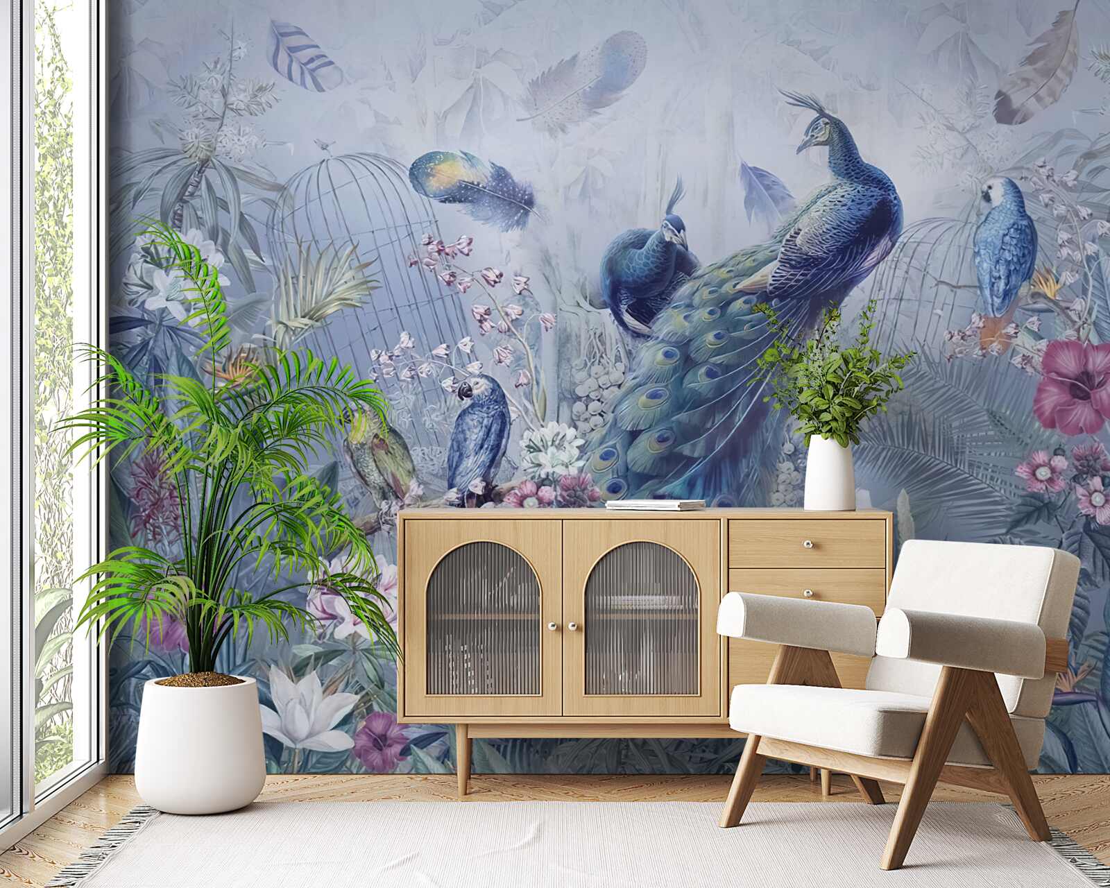 Fototapeta papagáje a páv v zmätku kvetov v záhrade