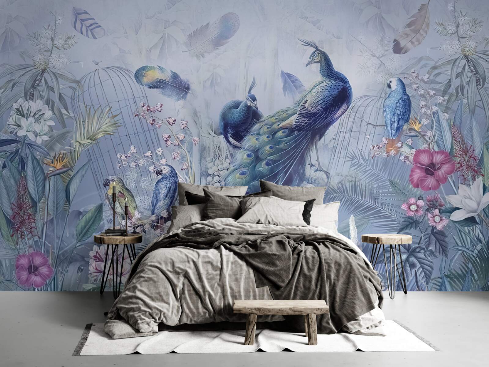 Fototapeta papagáje a páv v zmätku kvetov v záhrade