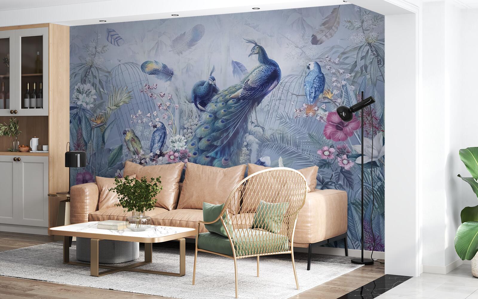 Fototapeta papagáje a páv v zmätku kvetov v záhrade