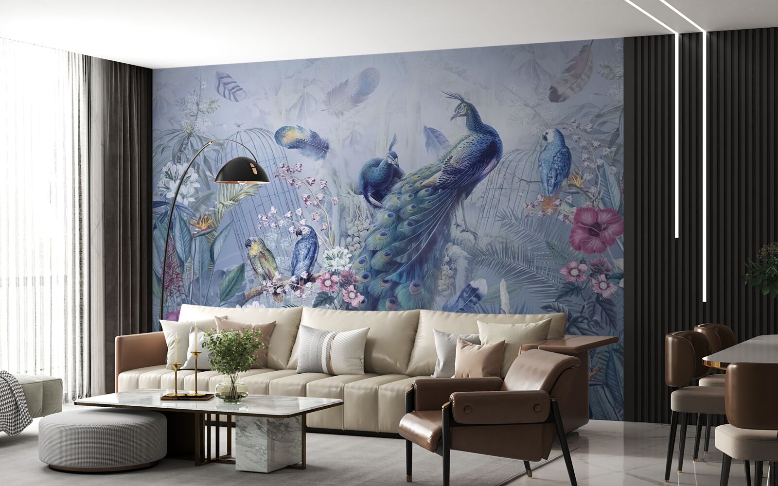 Fototapeta papagáje a páv v zmätku kvetov v záhrade