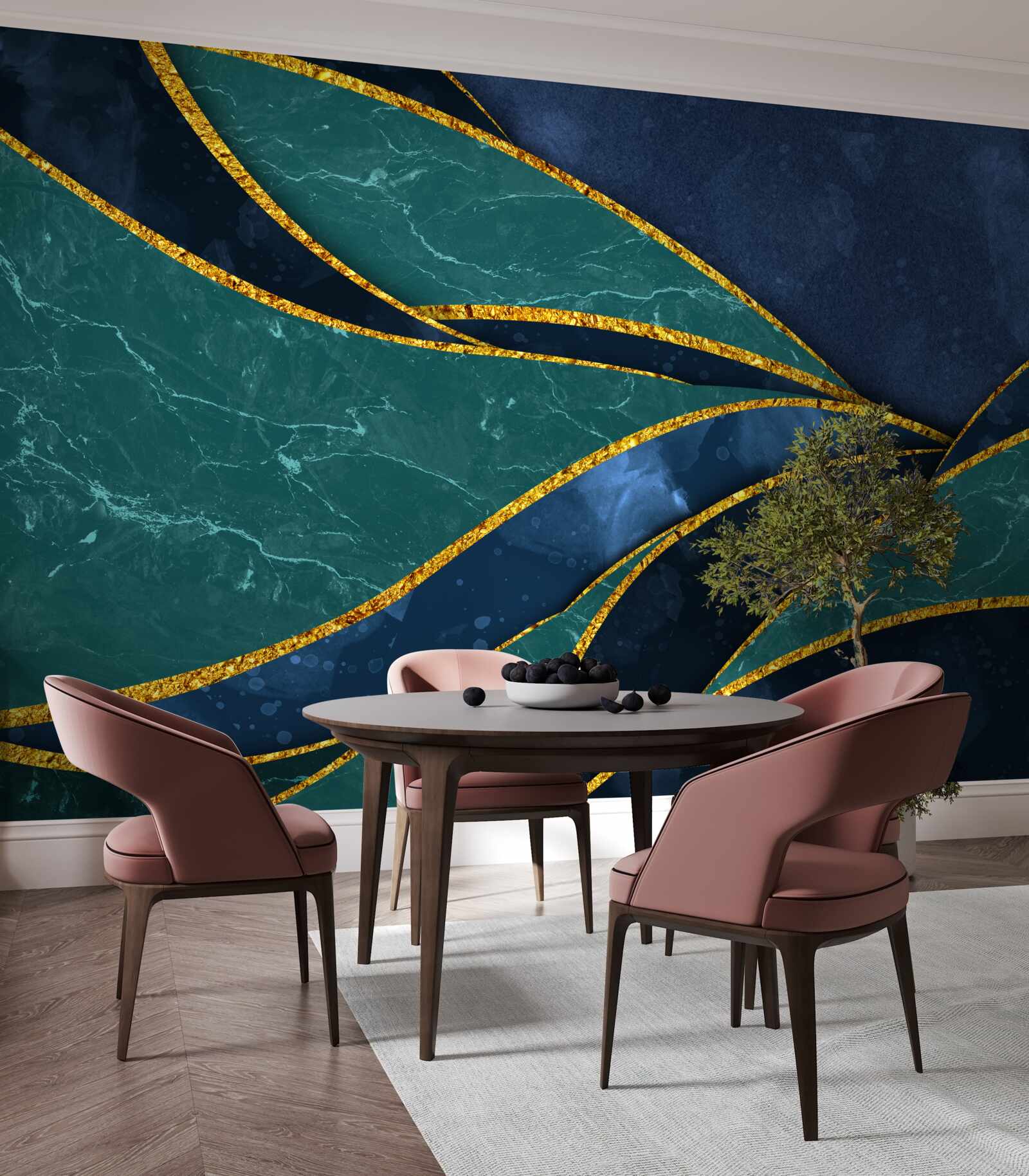 Fototapeta smaragdové čiary elegantne zakrivené na modrom pozadí