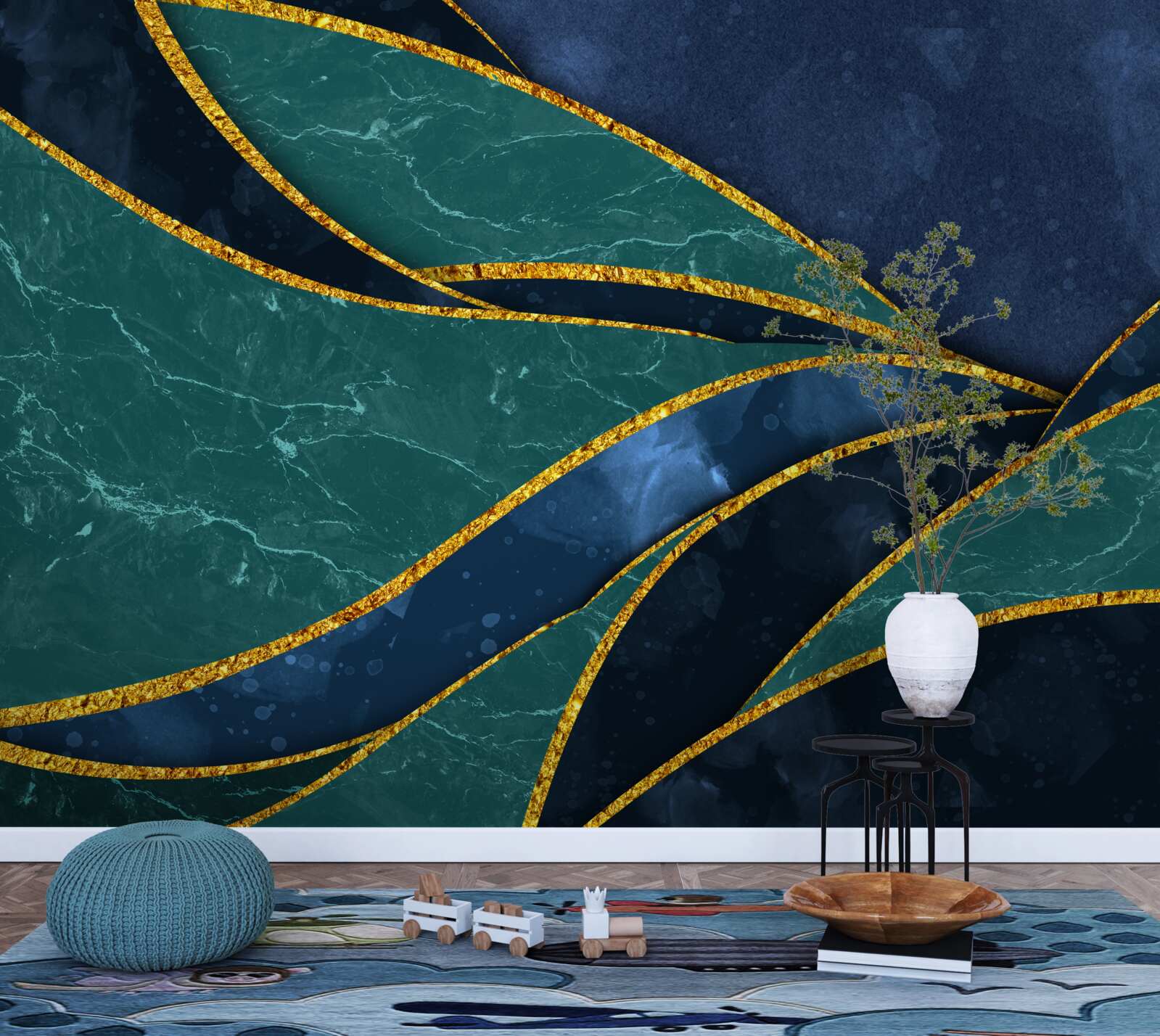 Fototapeta smaragdové čiary elegantne zakrivené na modrom pozadí