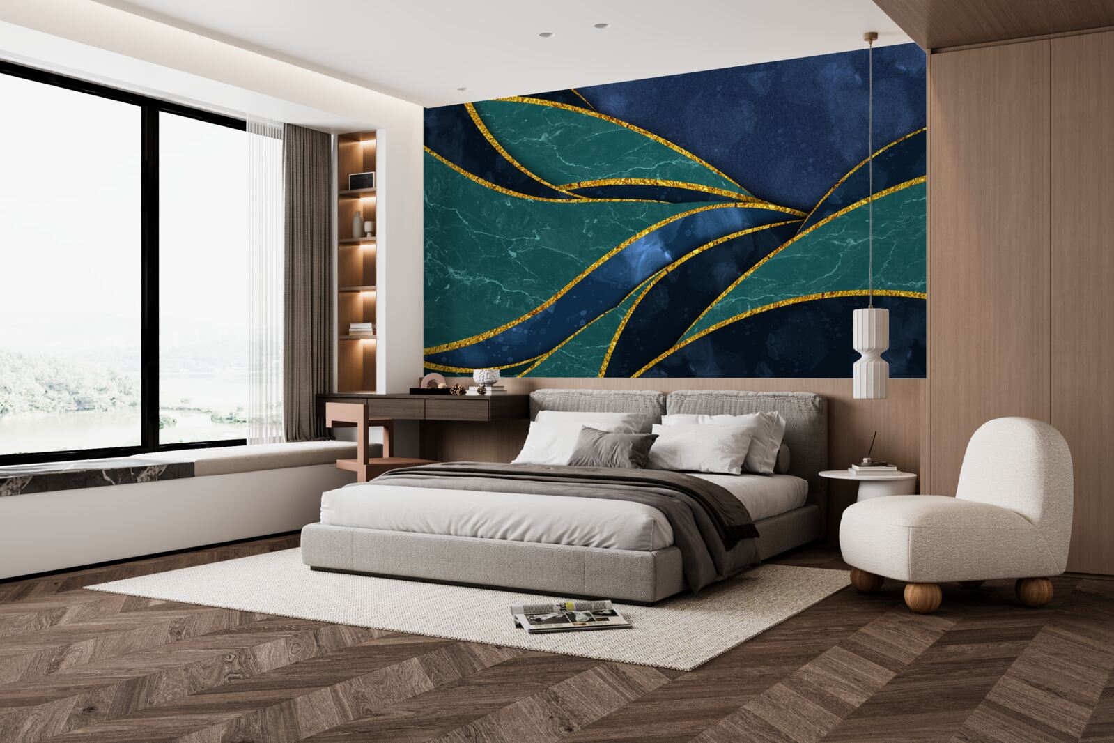 Fototapeta smaragdové čiary elegantne zakrivené na modrom pozadí