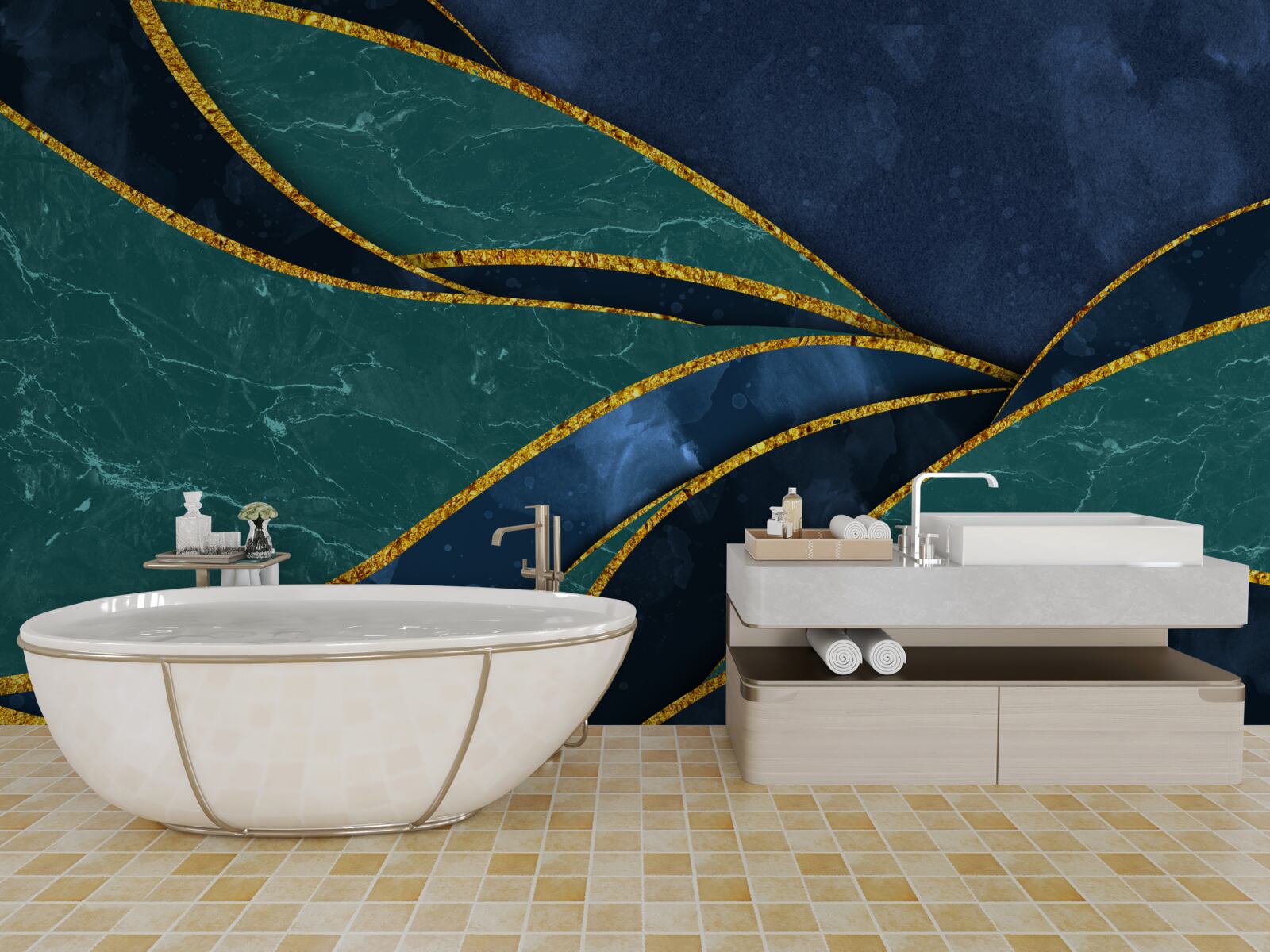 Fototapeta smaragdové čiary elegantne zakrivené na modrom pozadí
