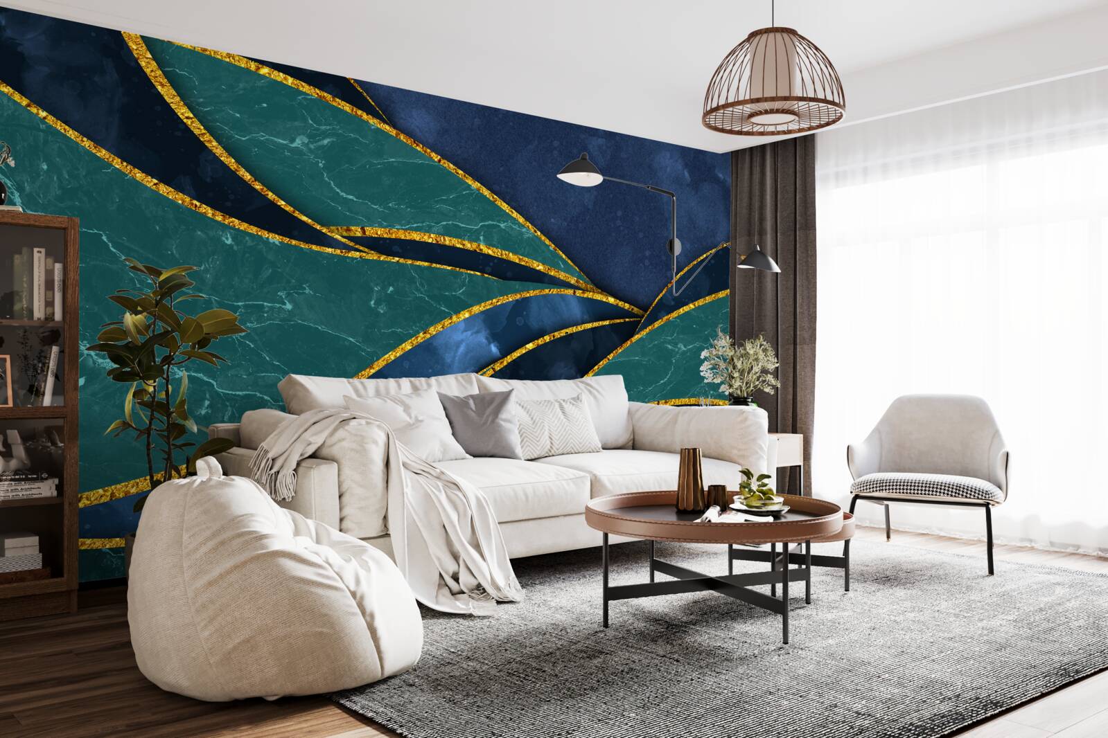 Fototapeta smaragdové čiary elegantne zakrivené na modrom pozadí