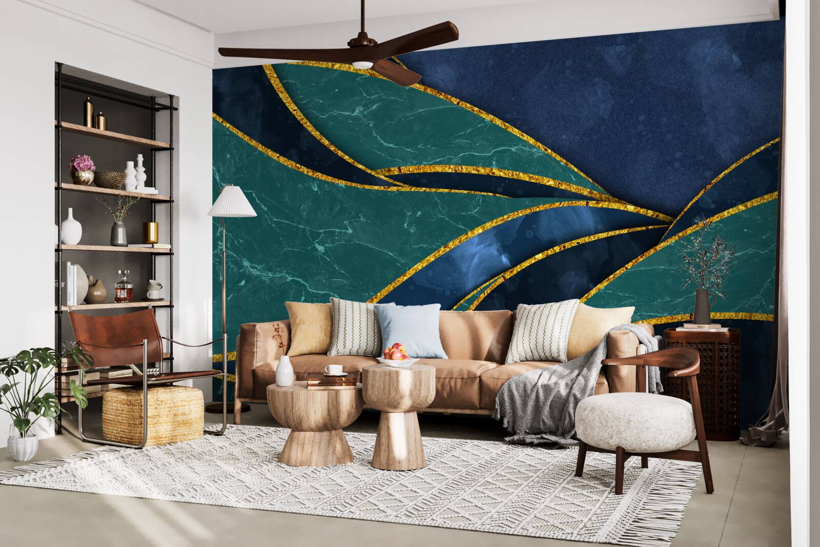 Fototapeta smaragdové čiary elegantne zakrivené na modrom pozadí