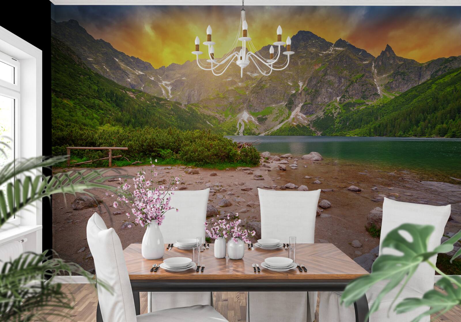 Fototapeta zapadajúce slnko klesajúce za tatranské pleso