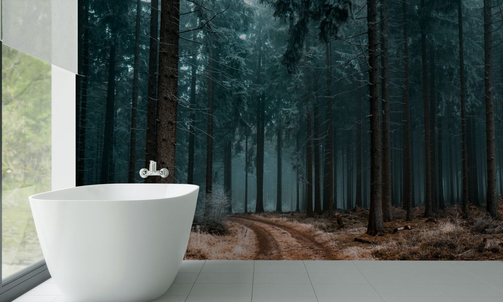 Fototapeta hodnotný chodník do hustého hmlového lesa