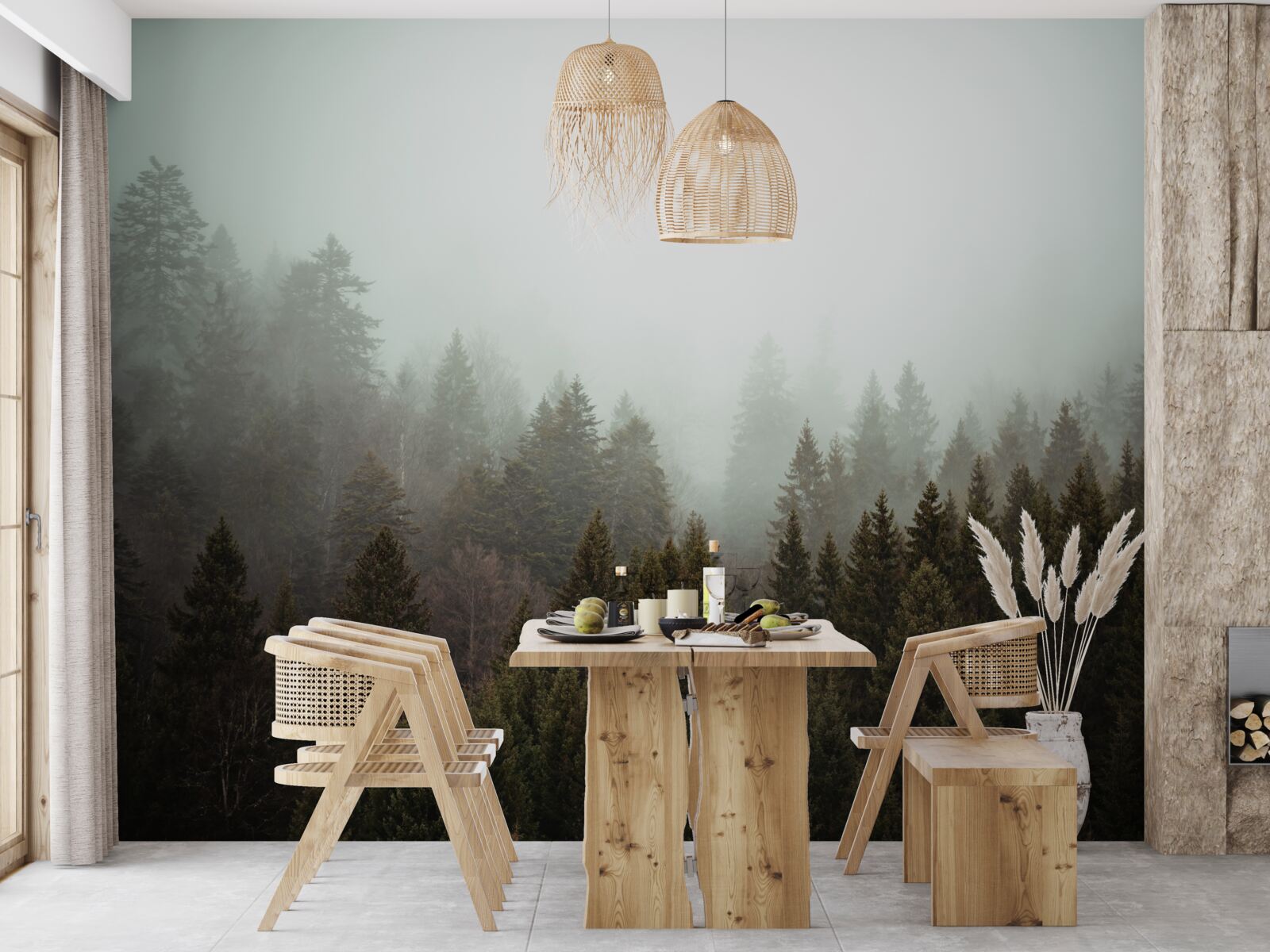 Fototapeta jasný východ slnka medzi hmlistým ihličnatým lesom