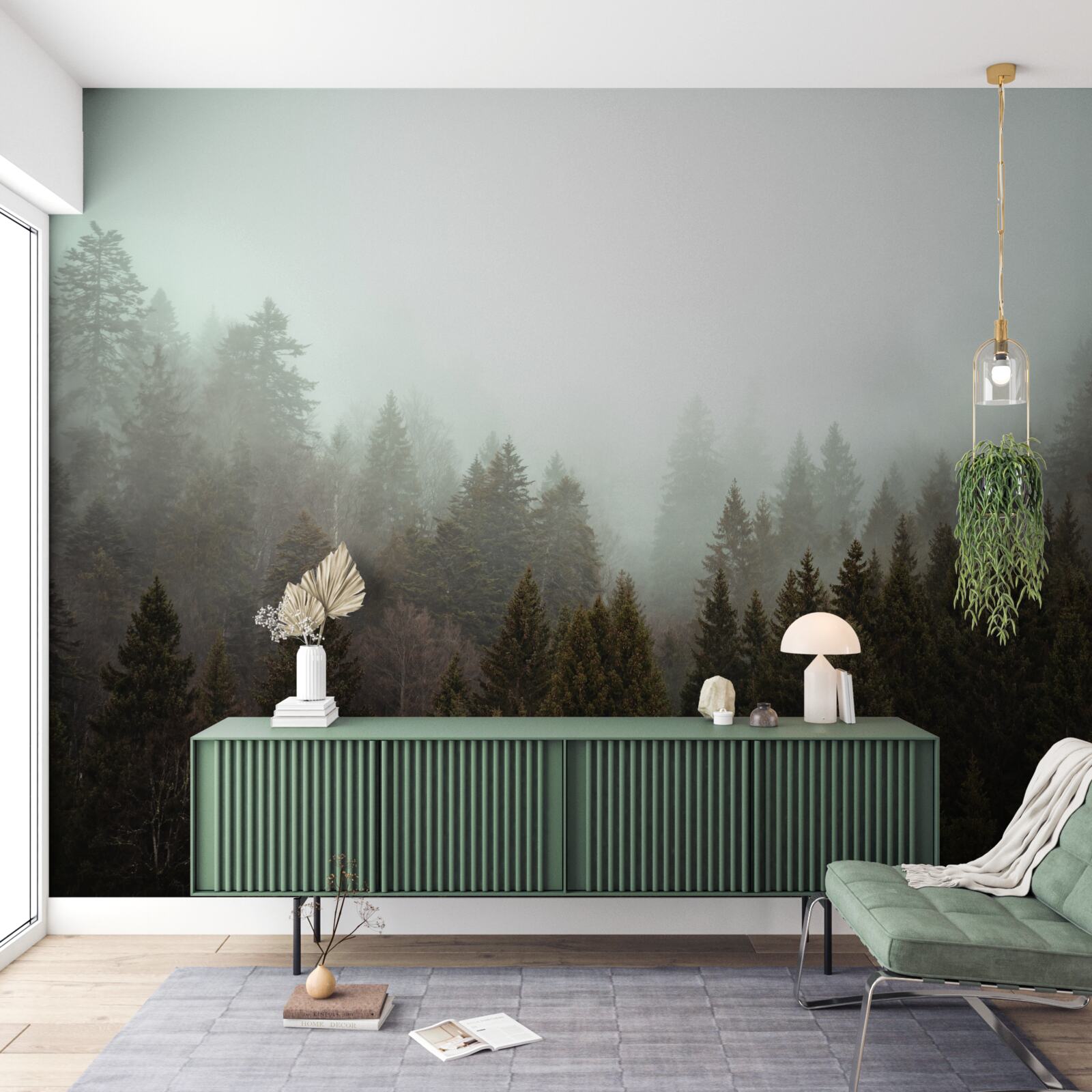 Fototapeta jasný východ slnka medzi hmlistým ihličnatým lesom