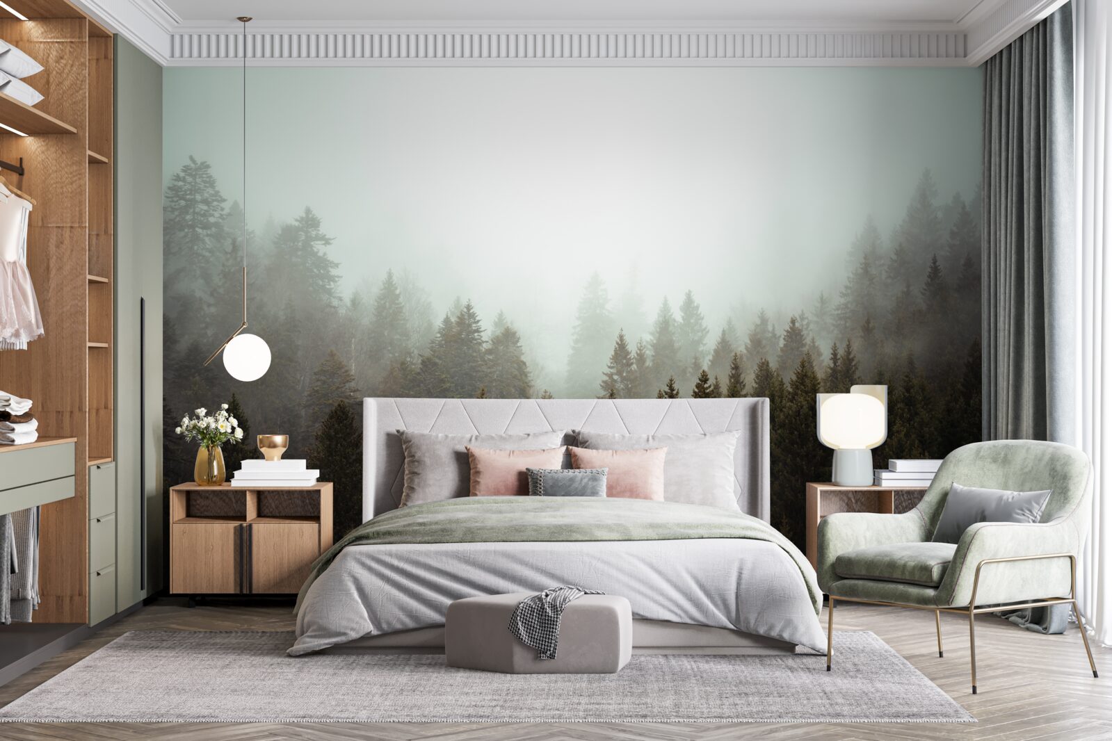 Fototapeta jasný východ slnka medzi hmlistým ihličnatým lesom