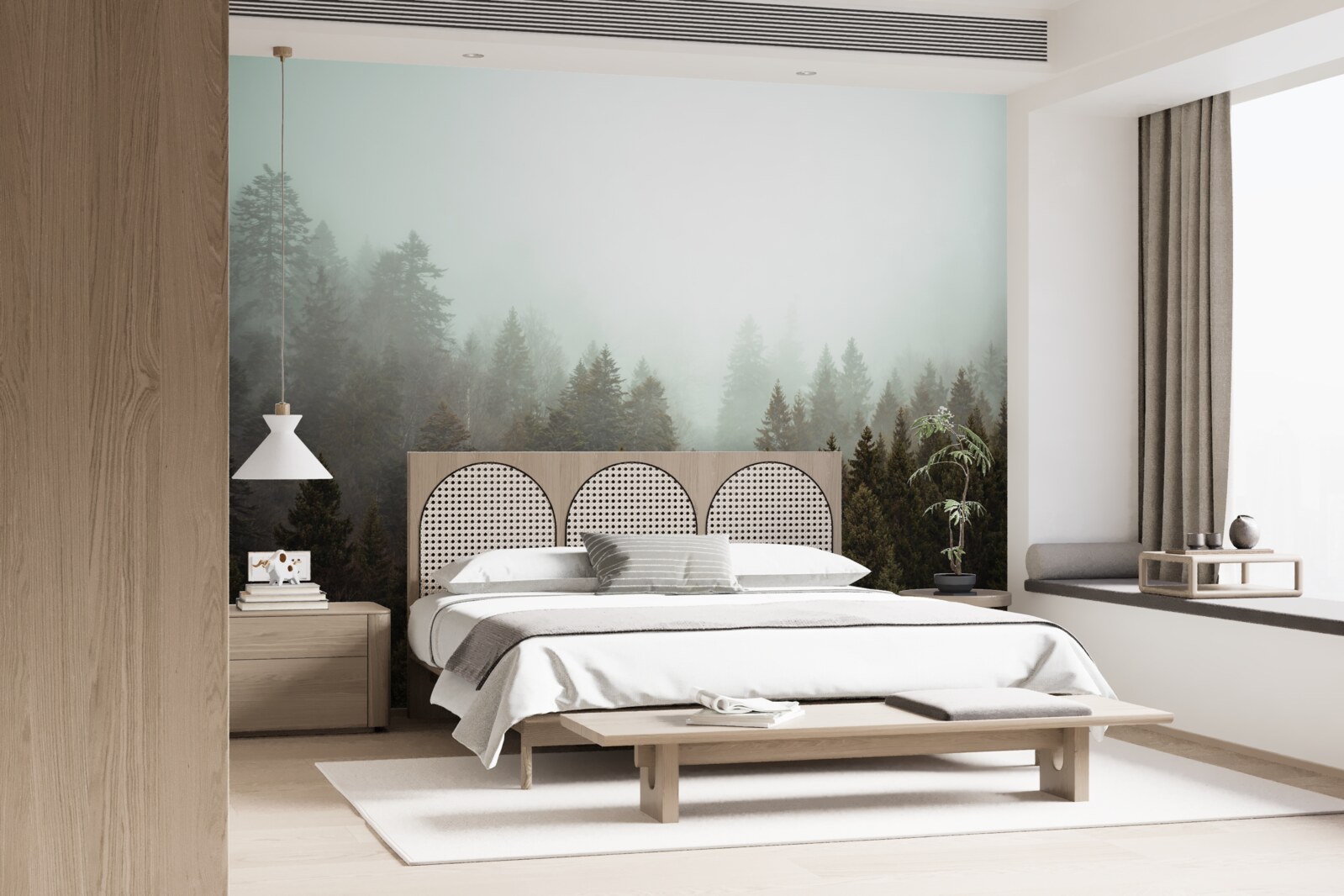 Fototapeta jasný východ slnka medzi hmlistým ihličnatým lesom