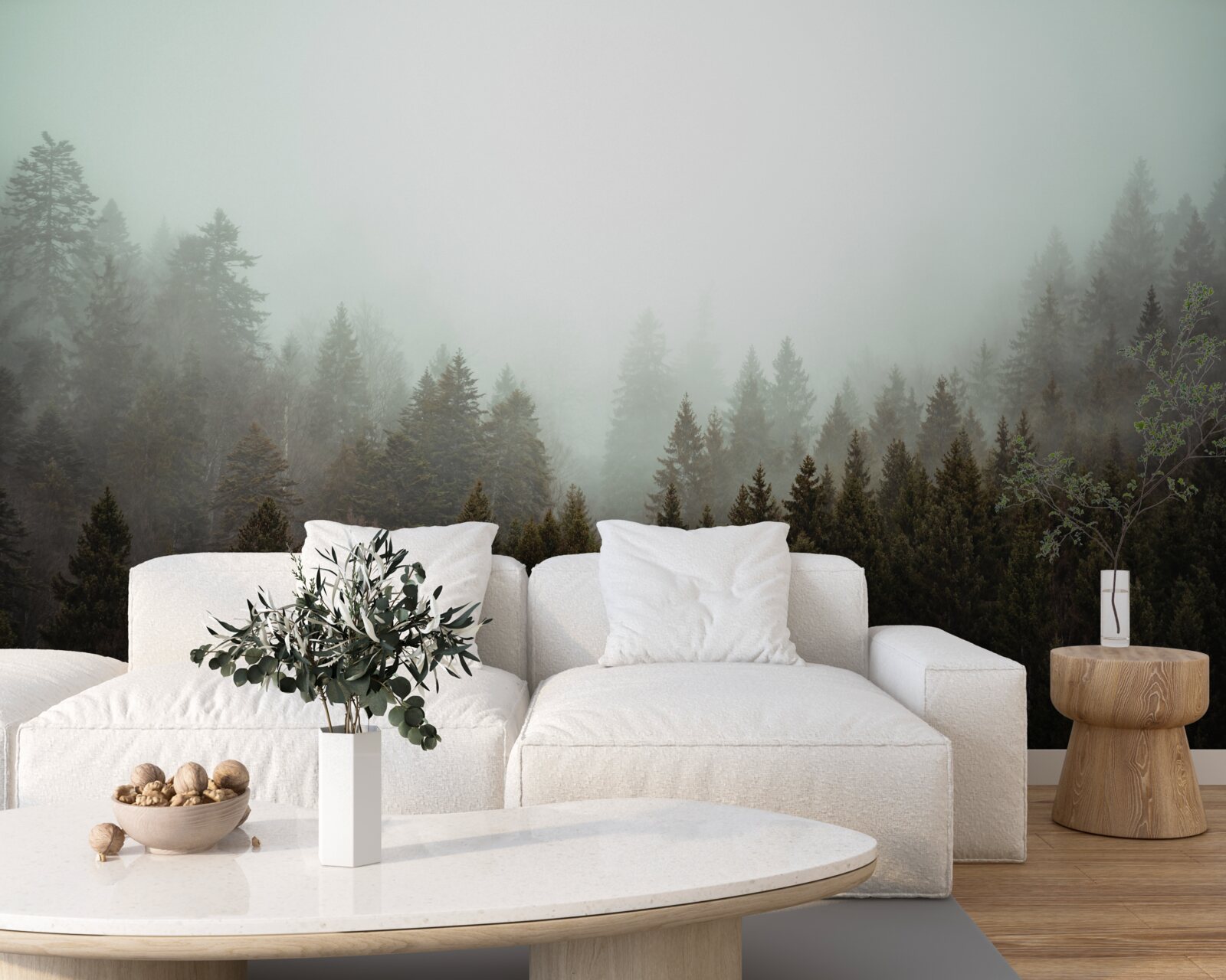 Fototapeta jasný východ slnka medzi hmlistým ihličnatým lesom