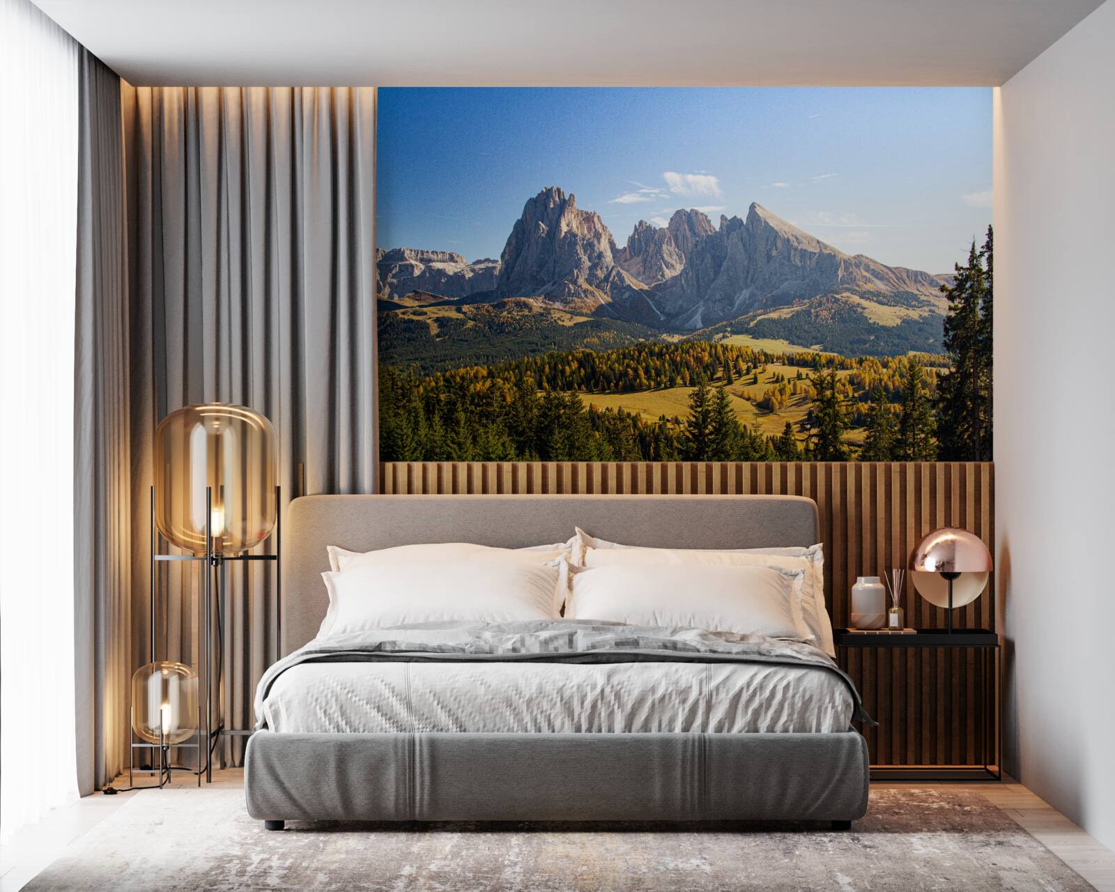 Fototapeta hustý les a impozantné pohorie Langkofel