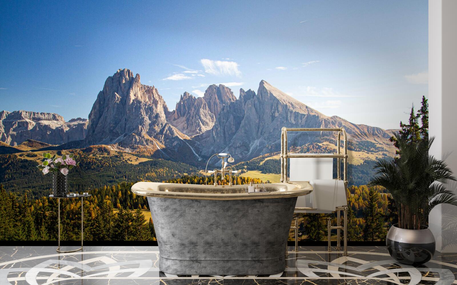 Fototapeta hustý les a impozantné pohorie Langkofel