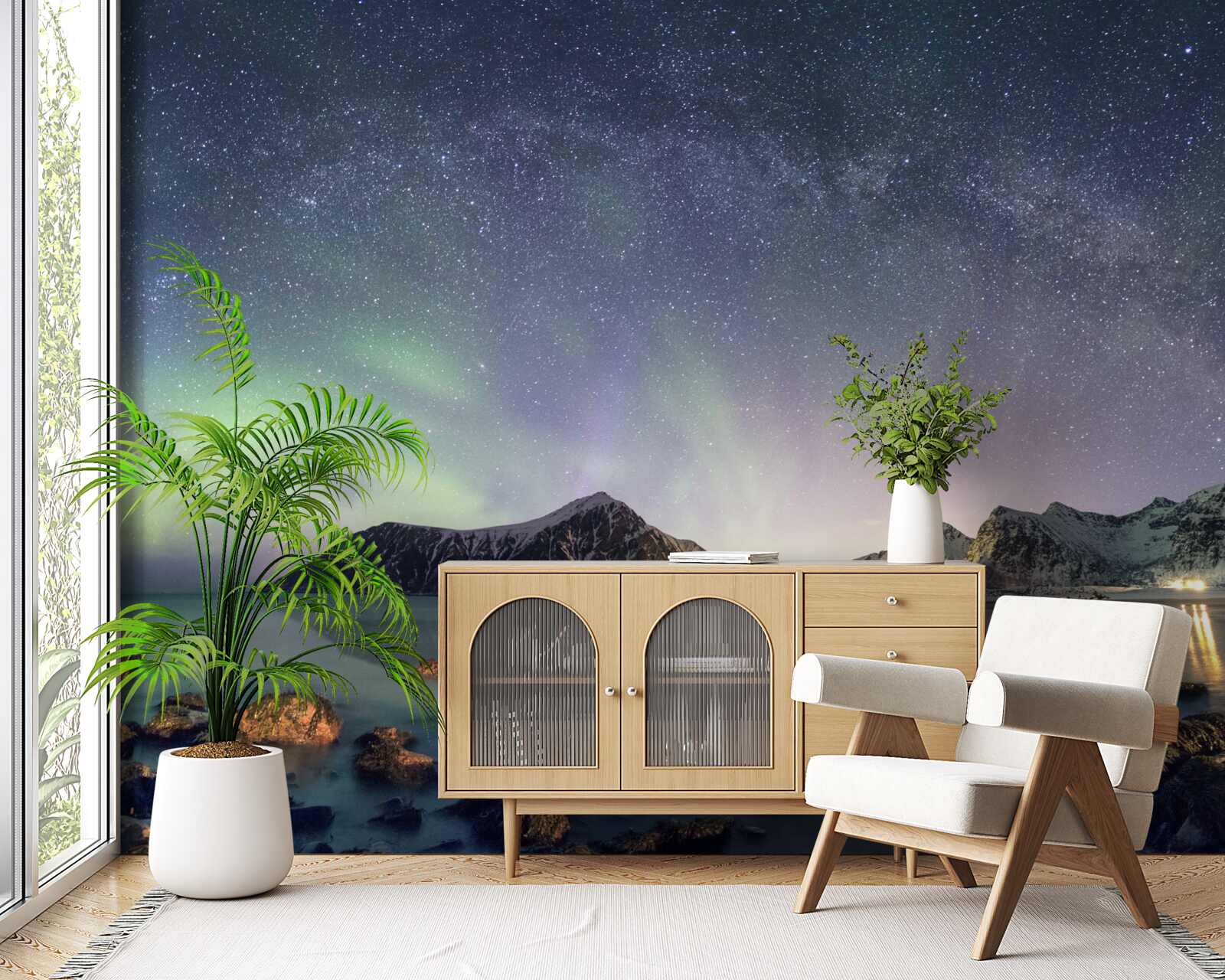 Fototapeta nočná obloha zdobená hviezdami a osvetlená polárnou žiarou