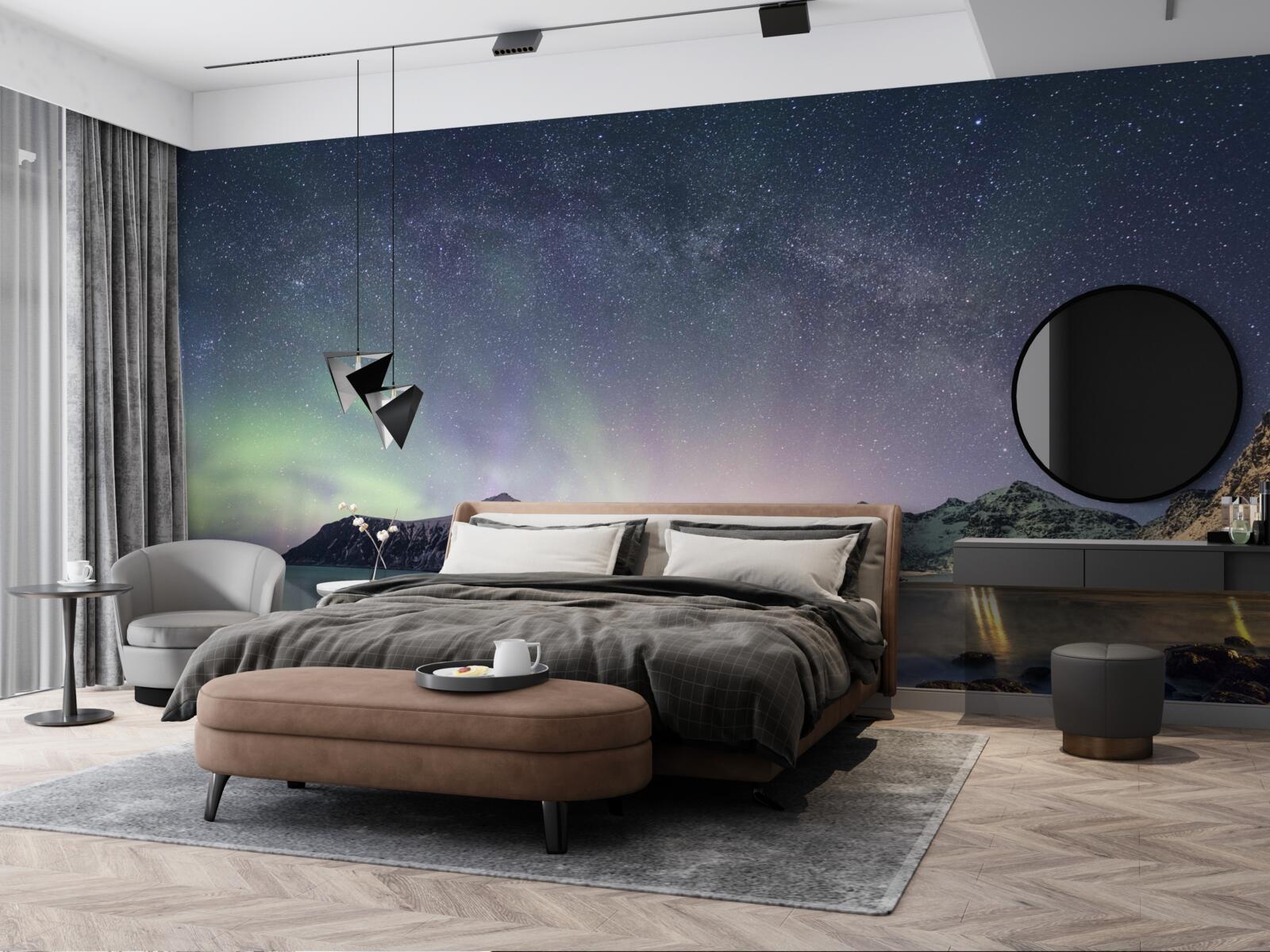 Fototapeta nočná obloha zdobená hviezdami a osvetlená polárnou žiarou