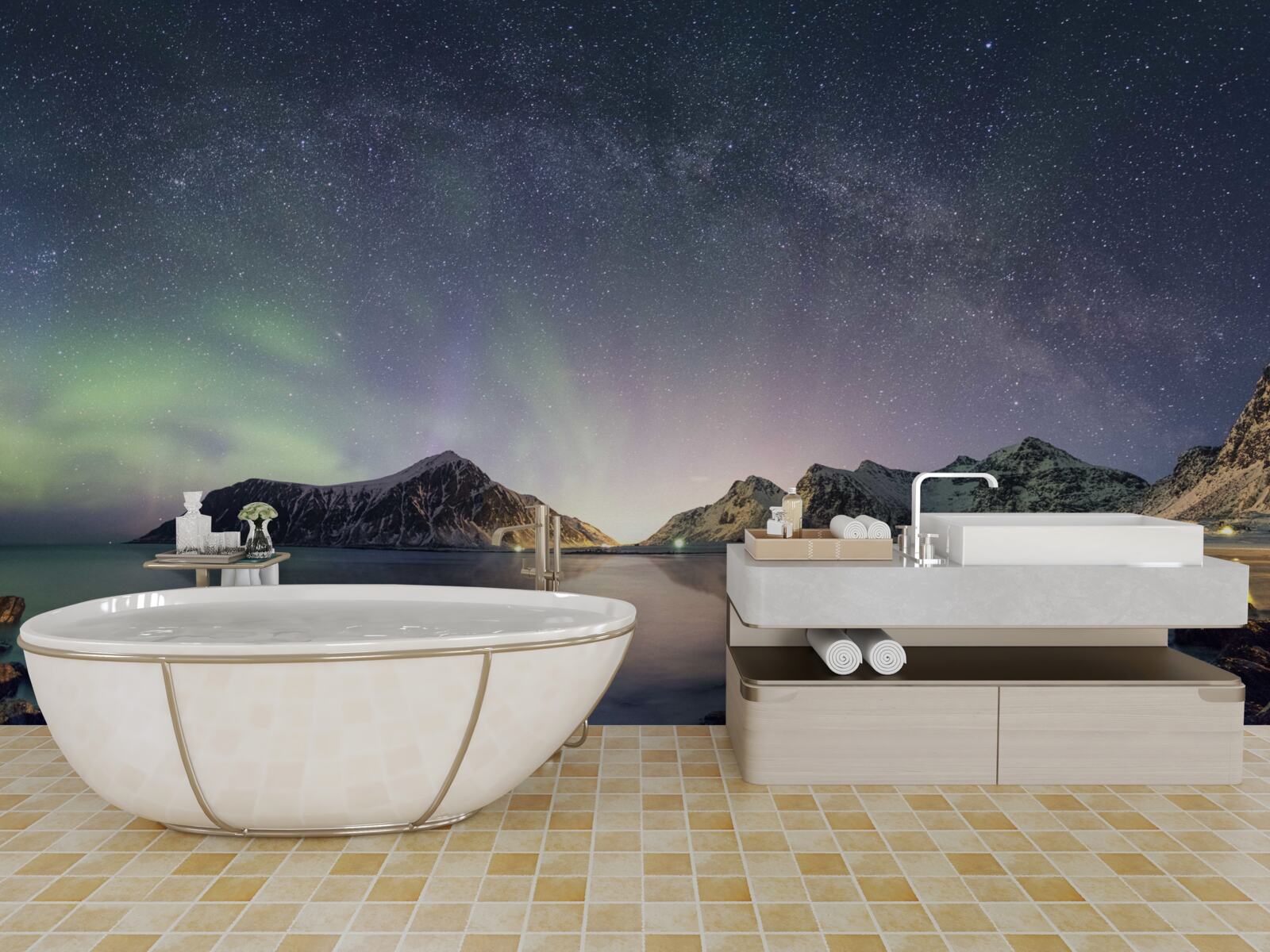 Fototapeta nočná obloha zdobená hviezdami a osvetlená polárnou žiarou