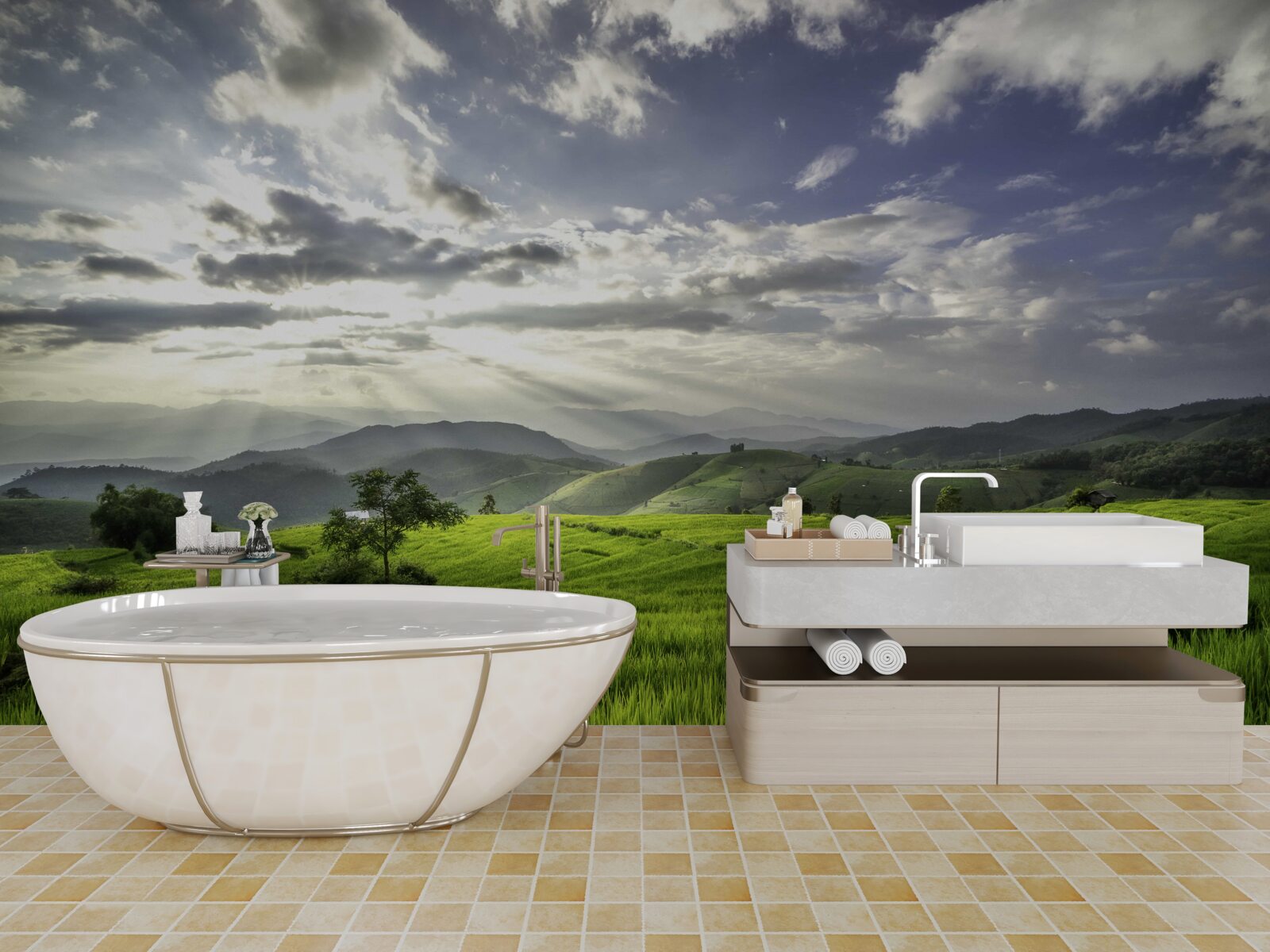 Fototapeta Čistinka, ponorená do zelene hôr, je osvetlená slnečnými lúčmi