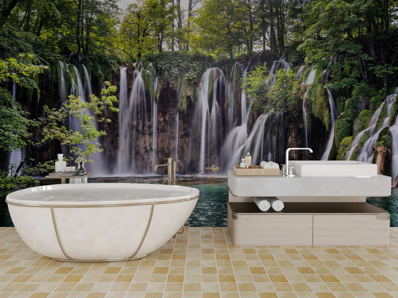 Fototapeta vodopády tečúce do priezračného jazera