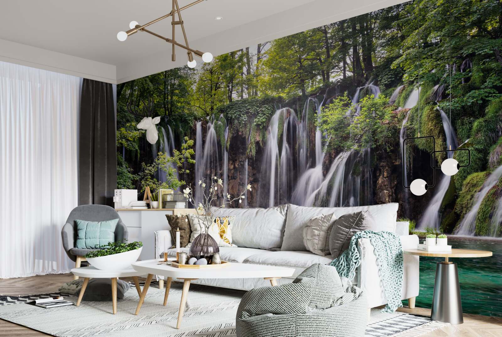 Fototapeta vodopády tečúce do priezračného jazera