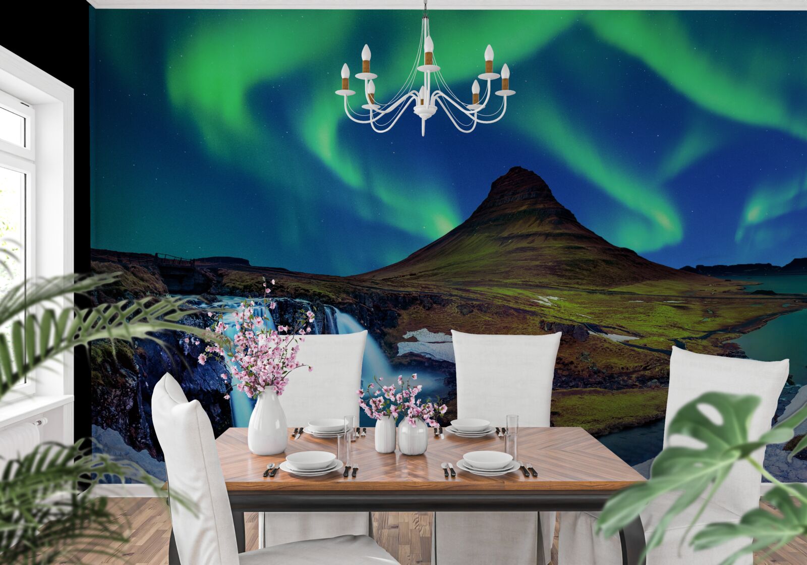 Fototapeta vodopád predstavuje ohromujúce polárne svetlá