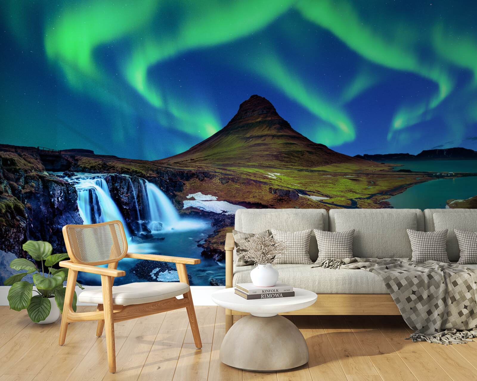 Fototapeta vodopád predstavuje ohromujúce polárne svetlá