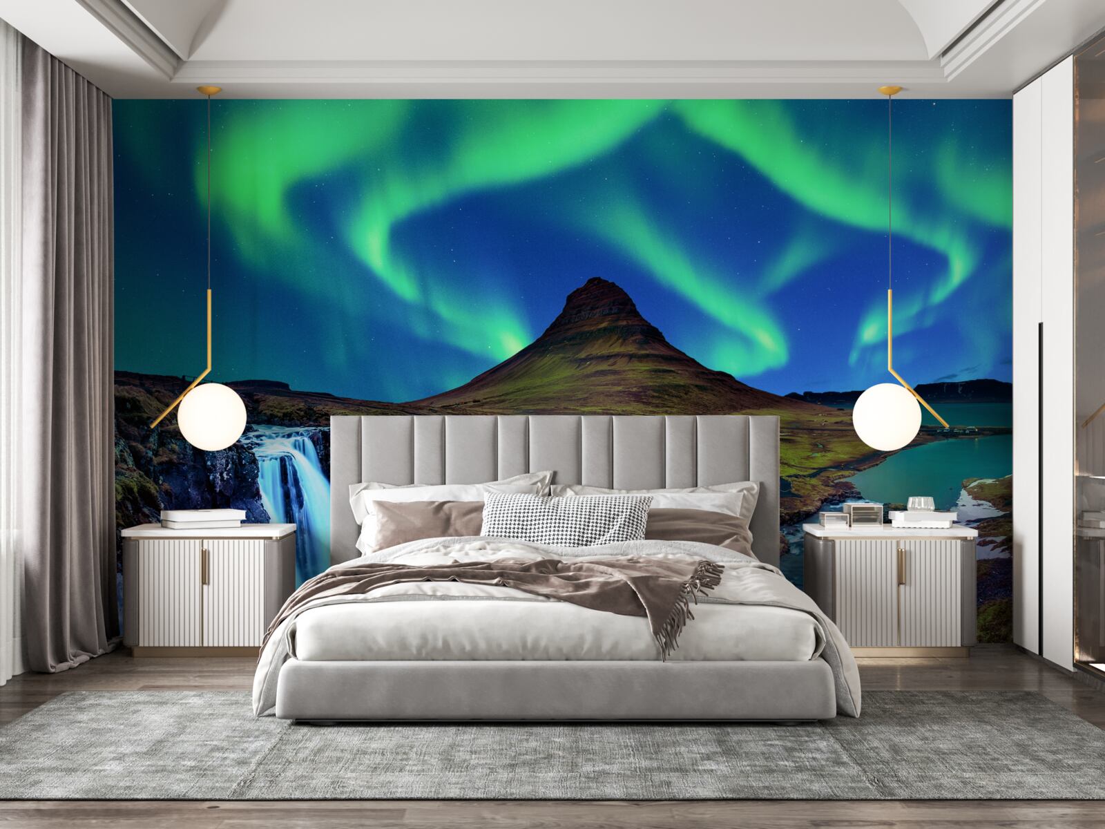 Fototapeta vodopád predstavuje ohromujúce polárne svetlá