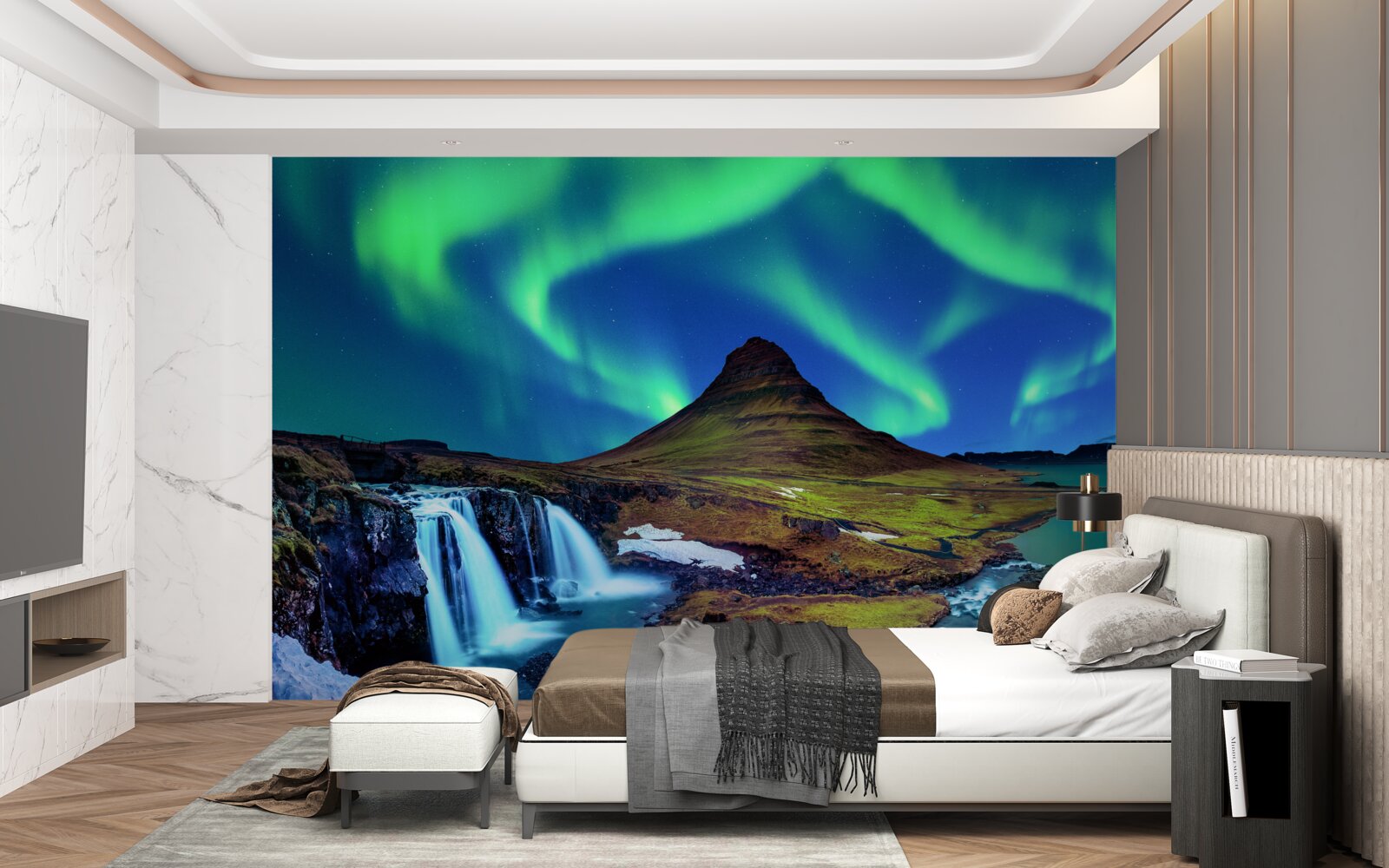 Fototapeta vodopád predstavuje ohromujúce polárne svetlá