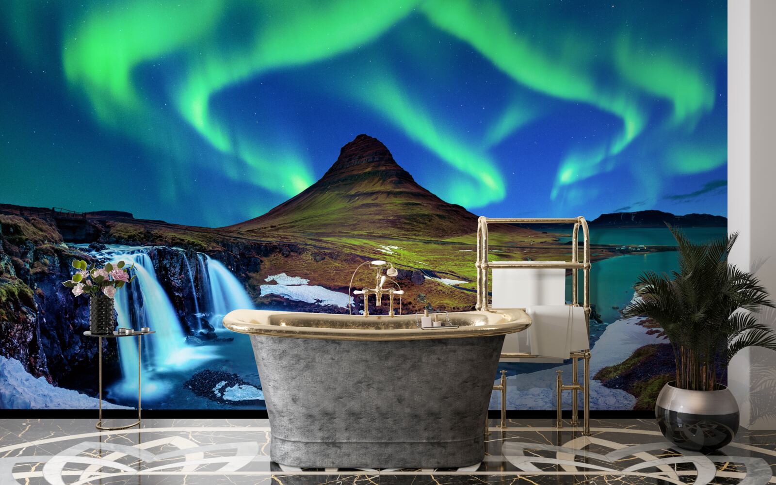 Fototapeta vodopád predstavuje ohromujúce polárne svetlá