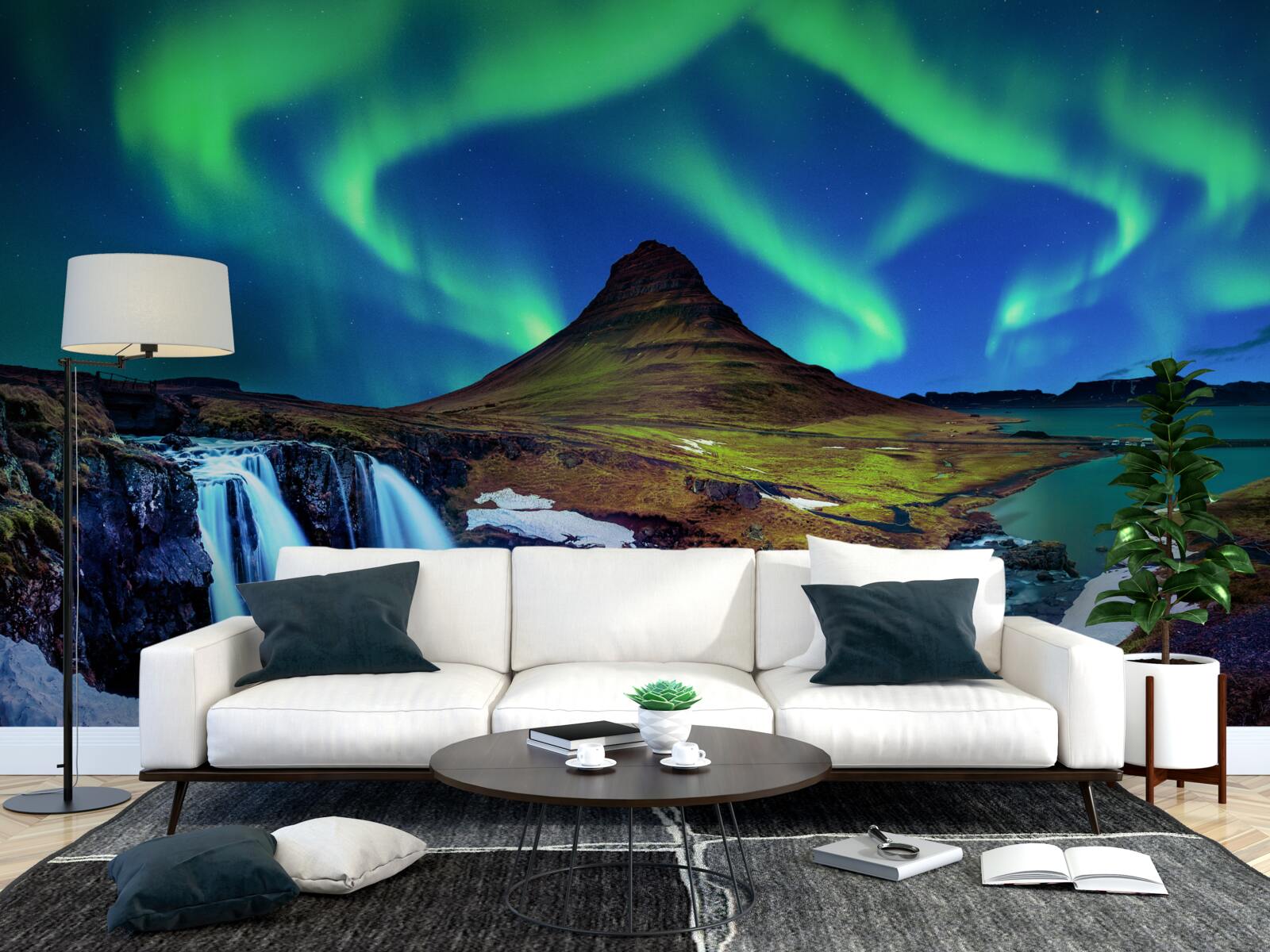 Fototapeta vodopád predstavuje ohromujúce polárne svetlá