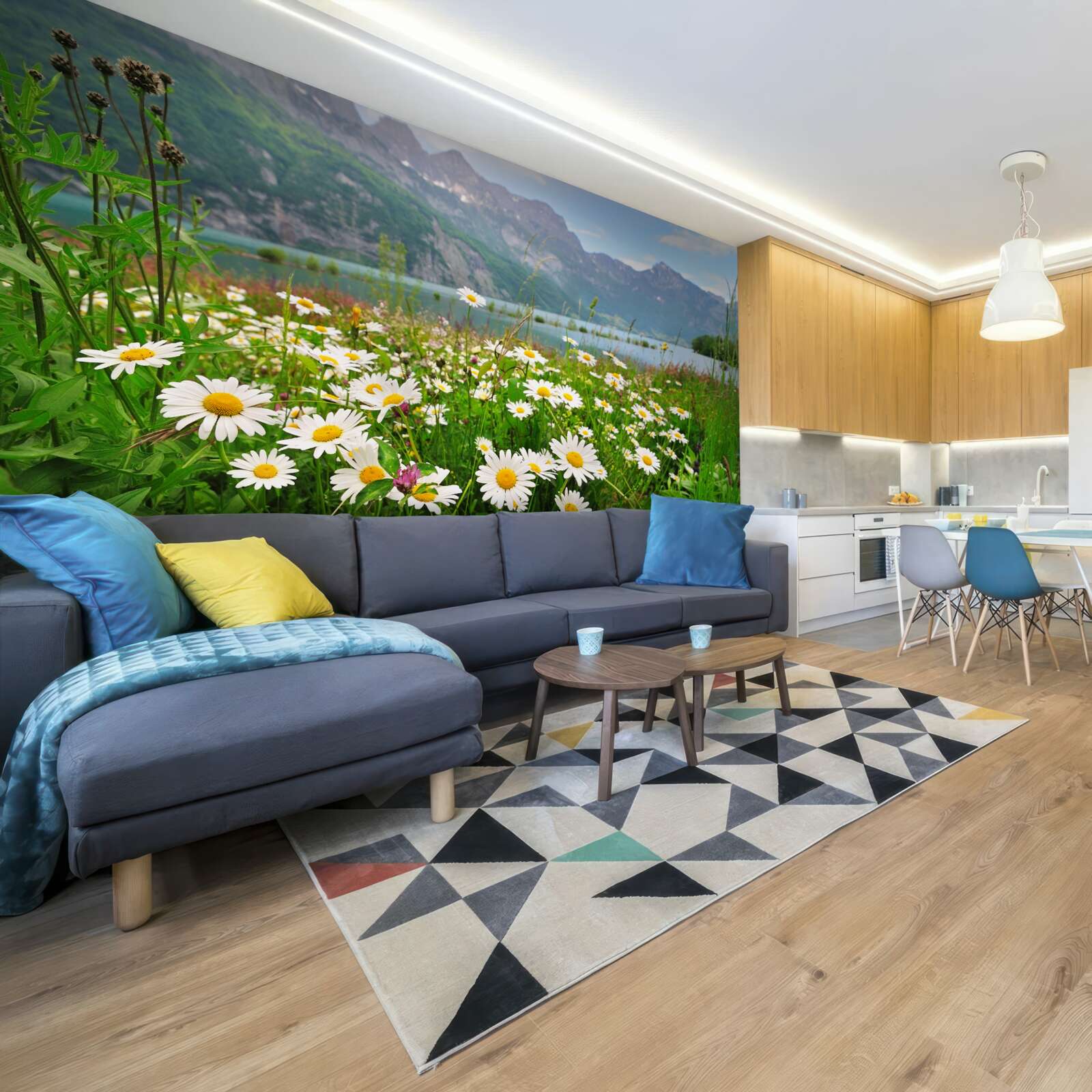 Fototapeta krajina s rumančekovým poľom na úpätí hôr