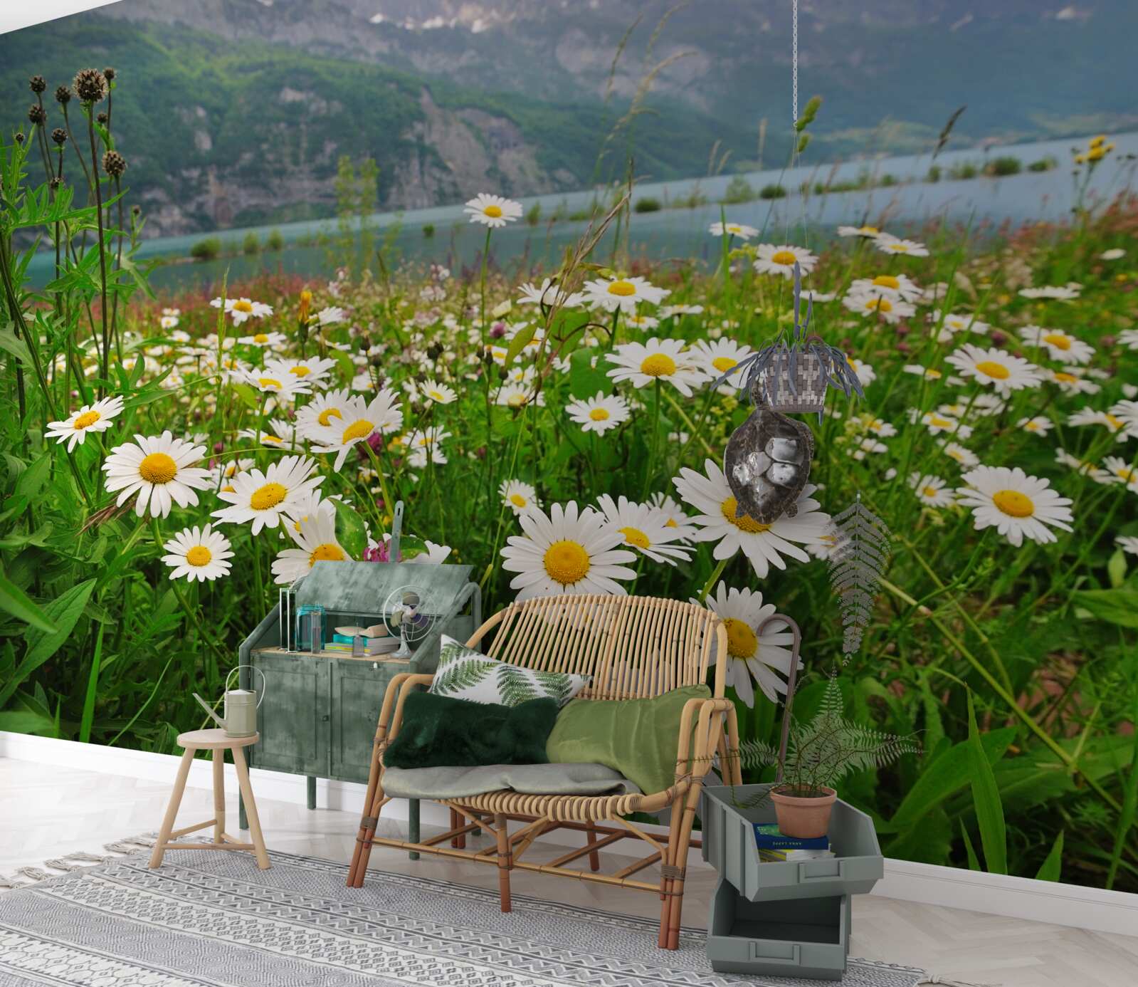 Fototapeta krajina s rumančekovým poľom na úpätí hôr