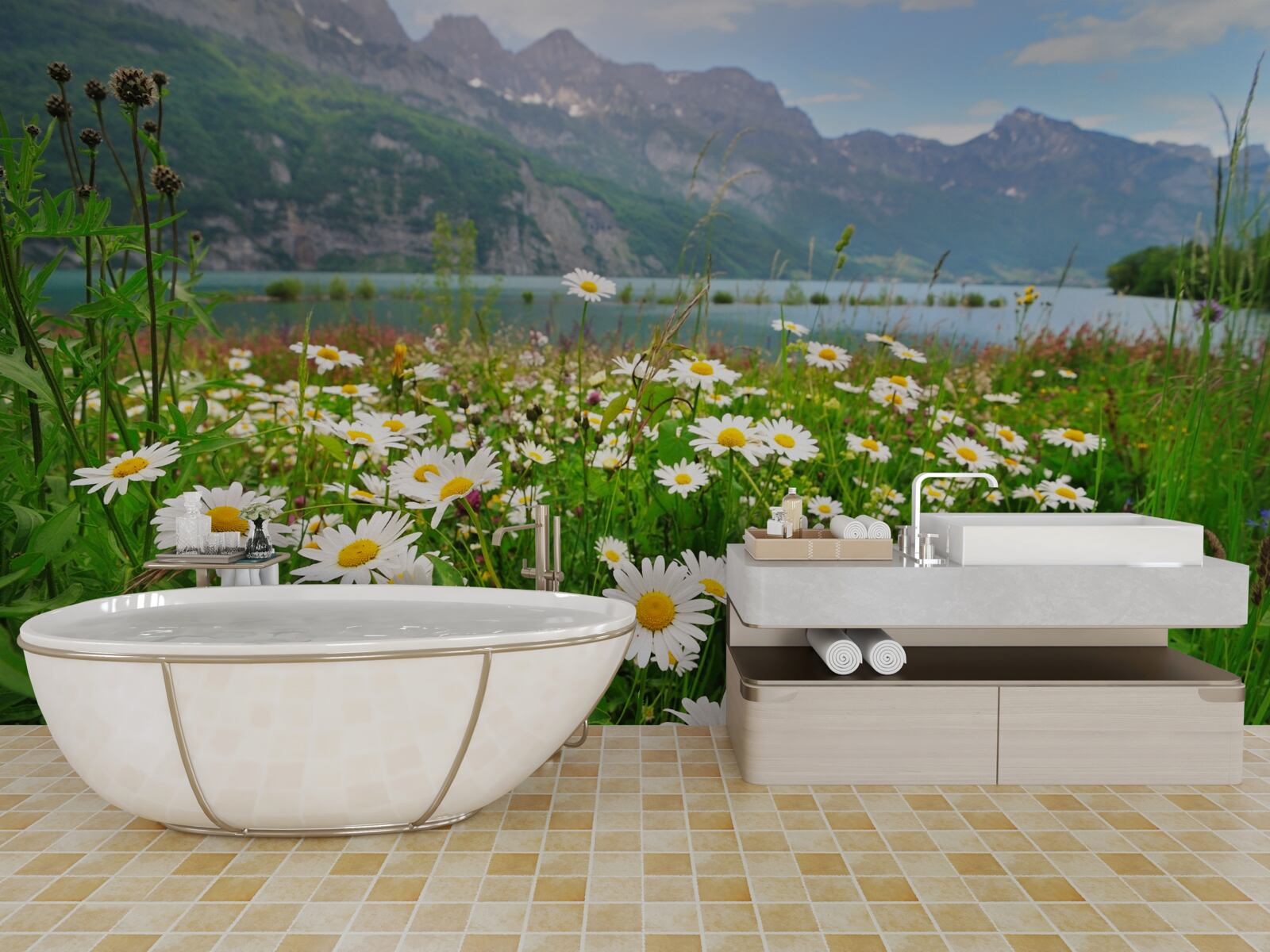 Fototapeta krajina s rumančekovým poľom na úpätí hôr