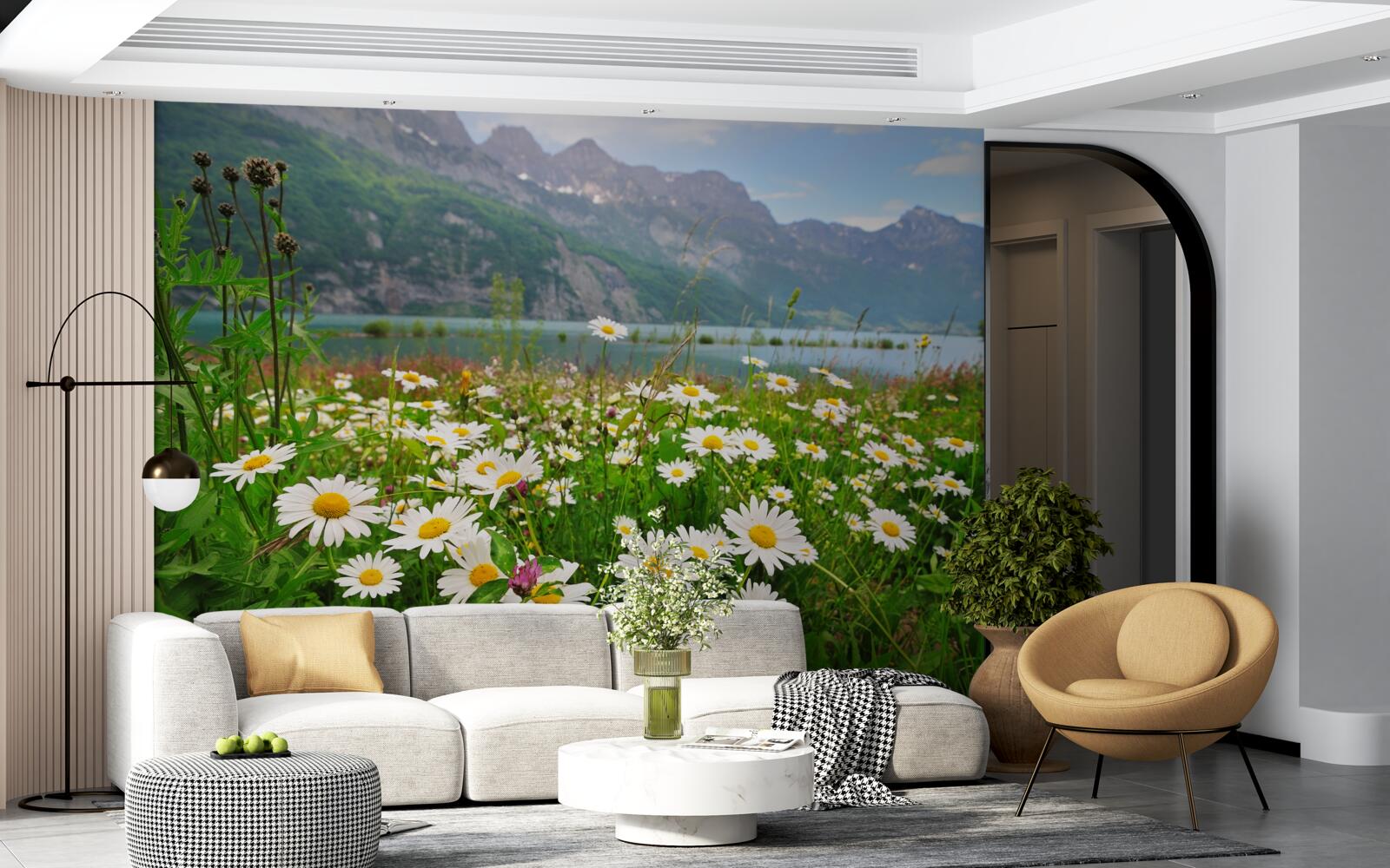 Fototapeta krajina s rumančekovým poľom na úpätí hôr