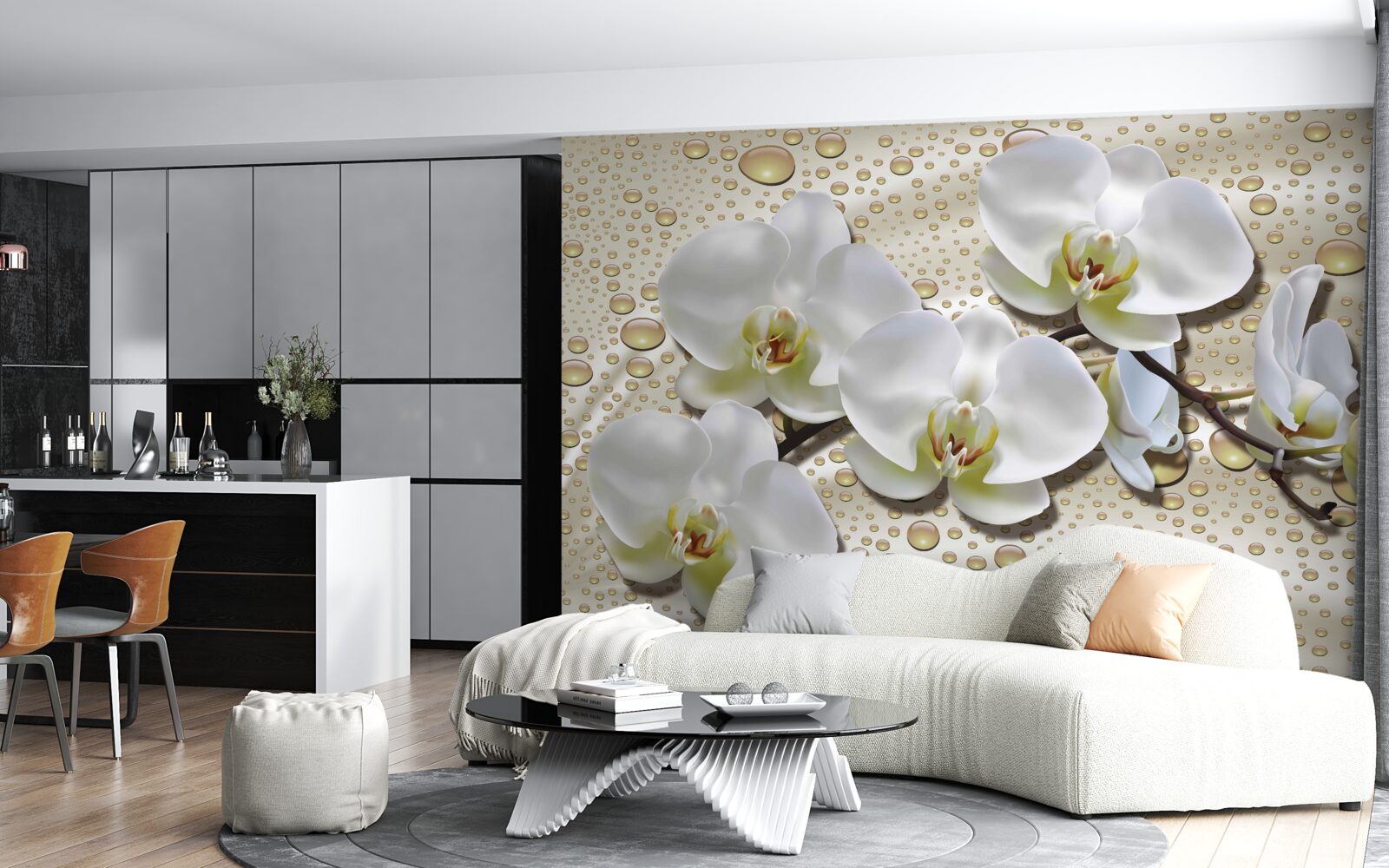 Fototapeta vetvička bielej orchidey navlhčená dažďom na hodvábe