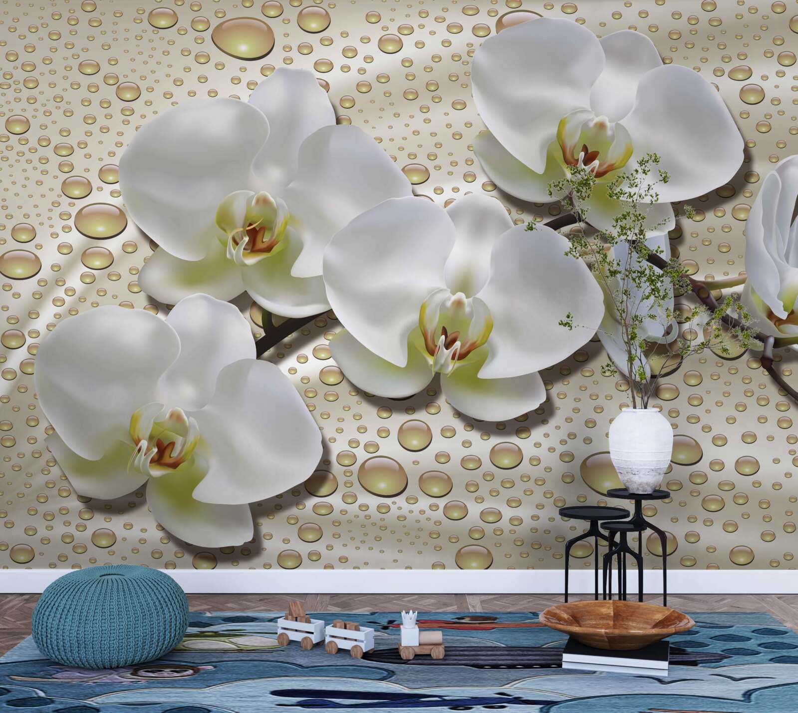 Fototapeta vetvička bielej orchidey navlhčená dažďom na hodvábe