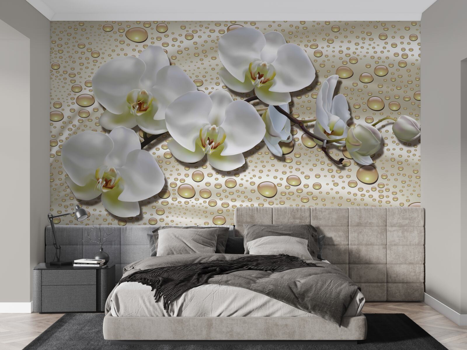 Fototapeta vetvička bielej orchidey navlhčená dažďom na hodvábe