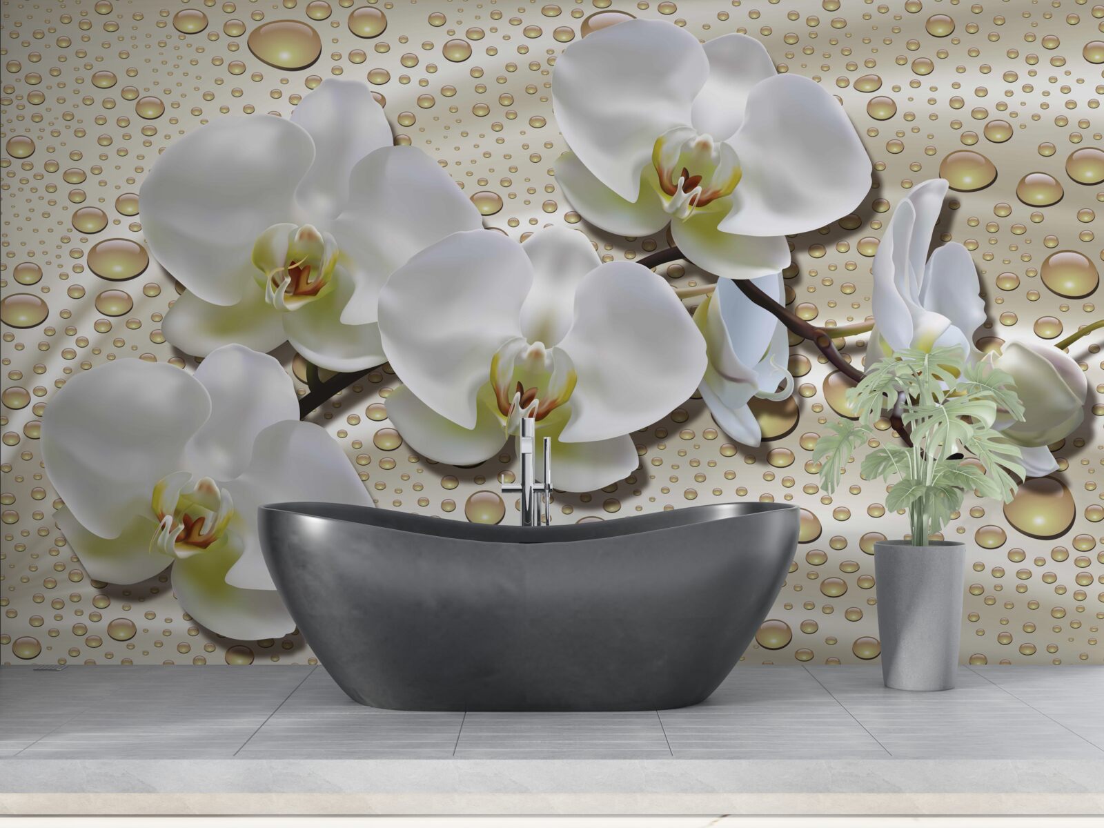 Fototapeta vetvička bielej orchidey navlhčená dažďom na hodvábe